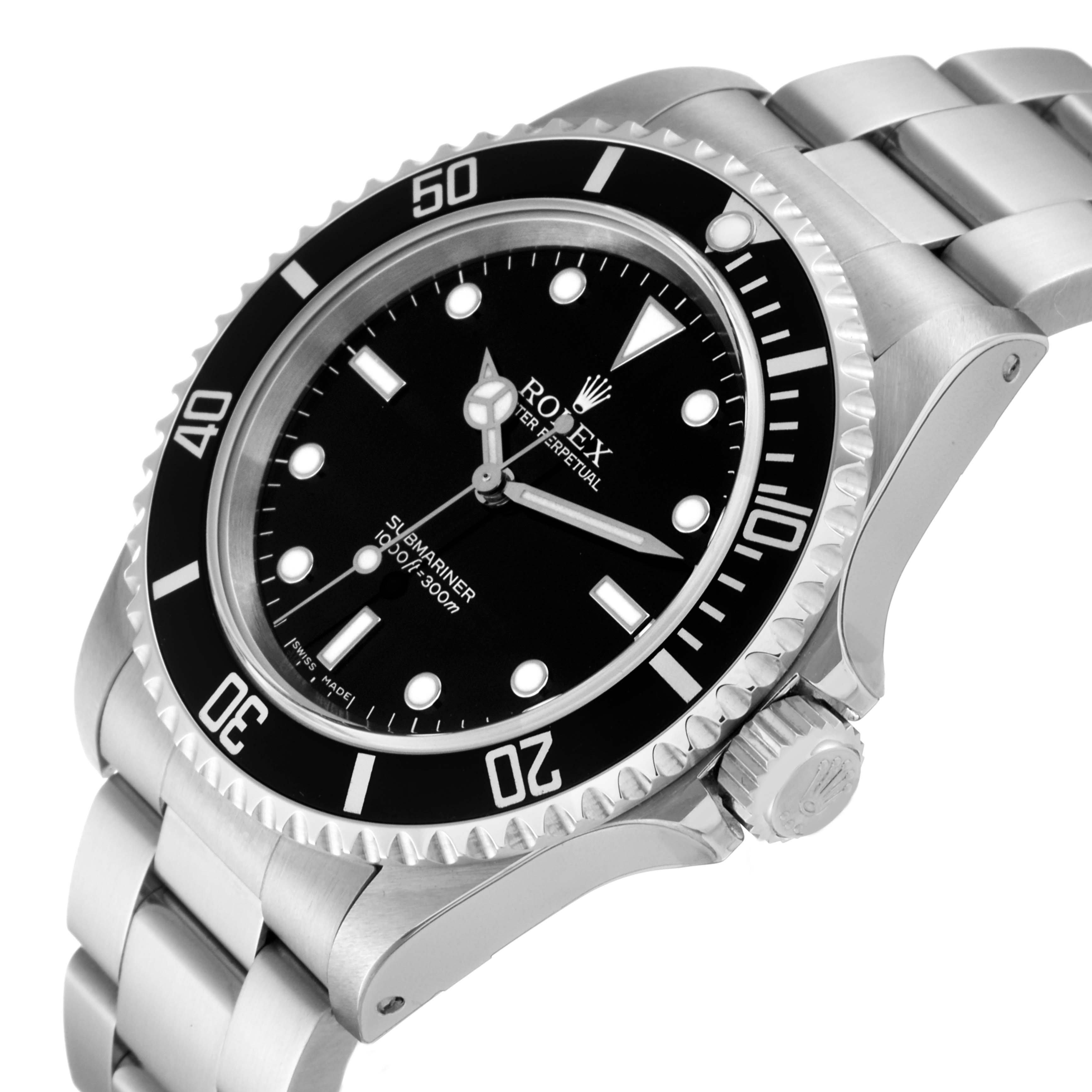 The image shows a close-up, angled view of the Rolex Submariner 14060 Men
s Stainless Steel Black Dial 14060 Men
s Stainless Steel Black Dial watch featuring its bezel, dial, and part of the bracelet.