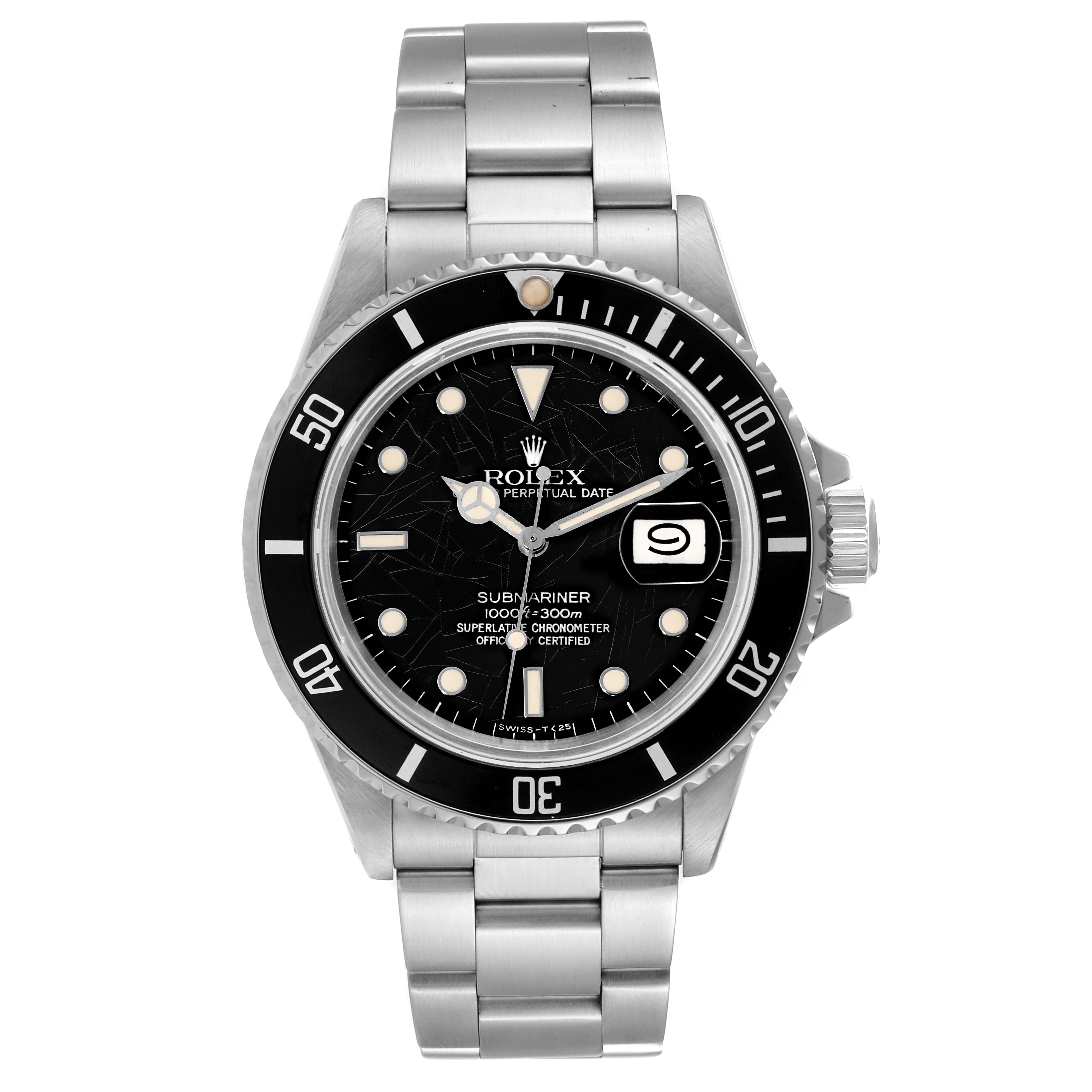 The watch is a Rolex Vintage Collection 16800 Men's Stainless Steel Black Dial 16800 Men's Stainless Steel Black Dial Submariner, shown from a front angle displaying the face, bezel, and stainless steel bracelet.
