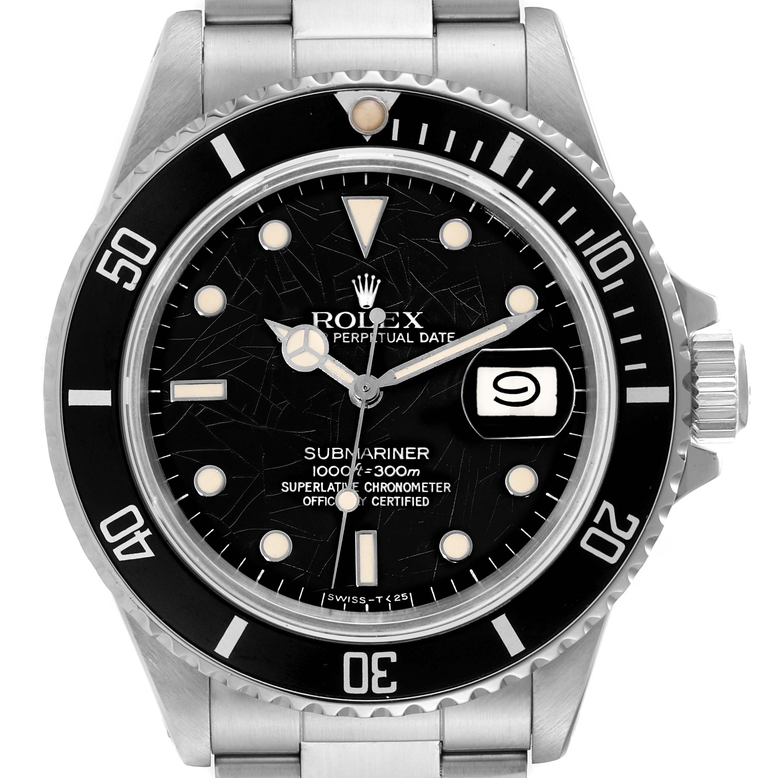 This image shows a front view of the Rolex Vintage Collection 16800 Men's Stainless Steel Black Dial 16800 Men's Stainless Steel Black Dial Submariner watch, highlighting the dial, bezel, and bracelet.
