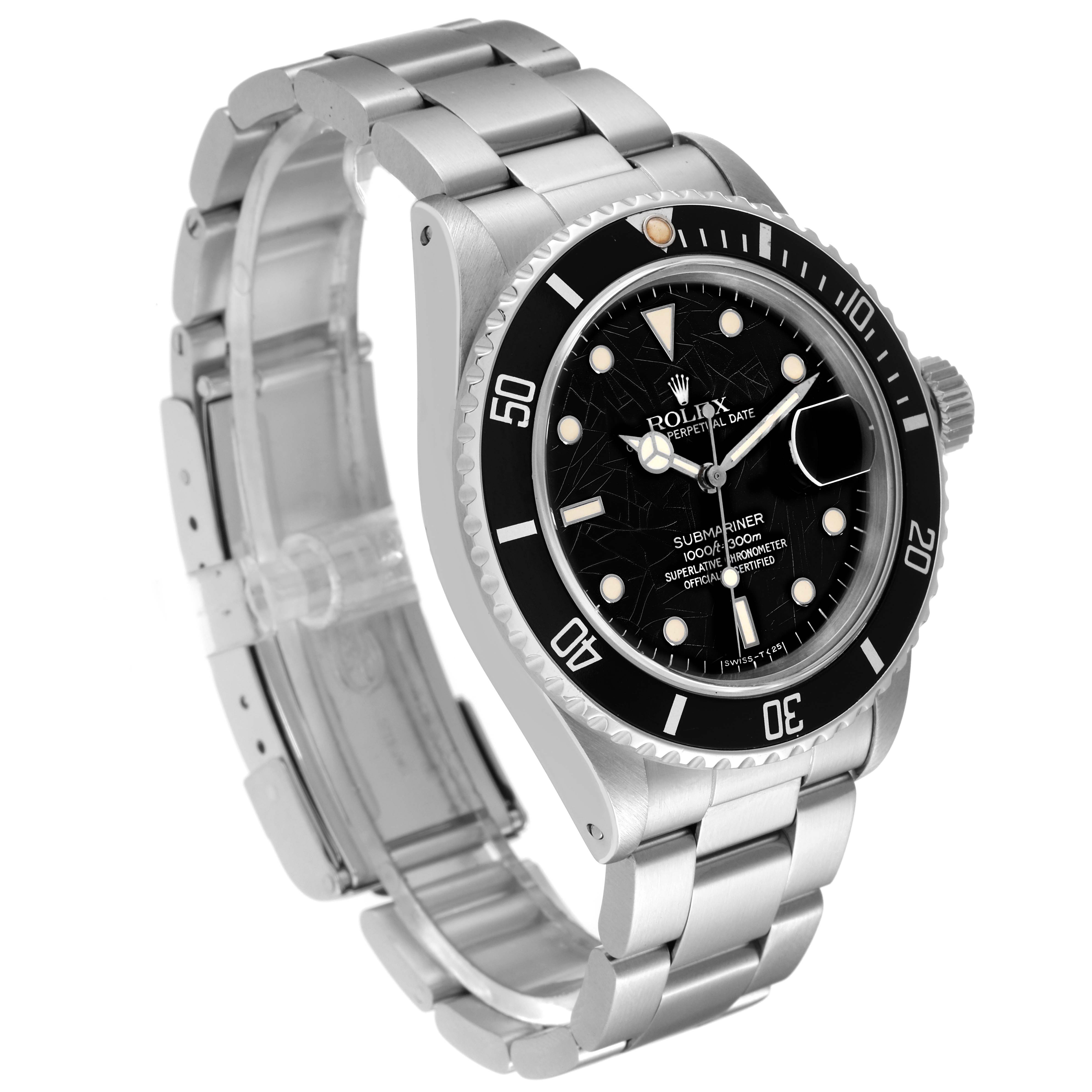 The Rolex Vintage Collection 16800 Men's Stainless Steel Black Dial 16800 Men's Stainless Steel Black Dial model watch is shown at an angled side view, displaying its bracelet, bezel, and detailed dial.