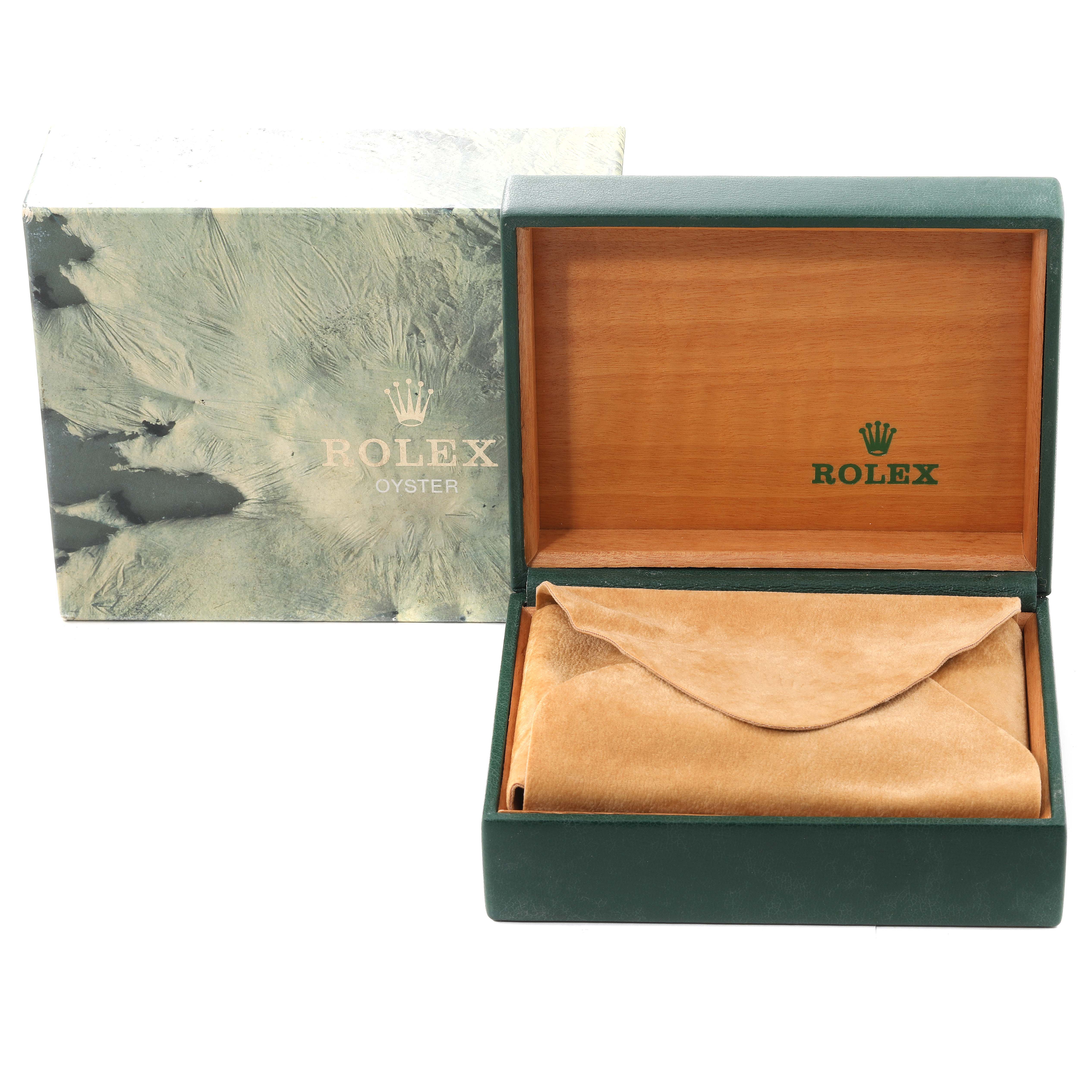 The image shows an open box and outer box for a Rolex Vintage Collection 16800 Men's Stainless Steel Black Dial 16800 Men's Stainless Steel Black Dial watch, highlighting the packaging from a frontal angle.