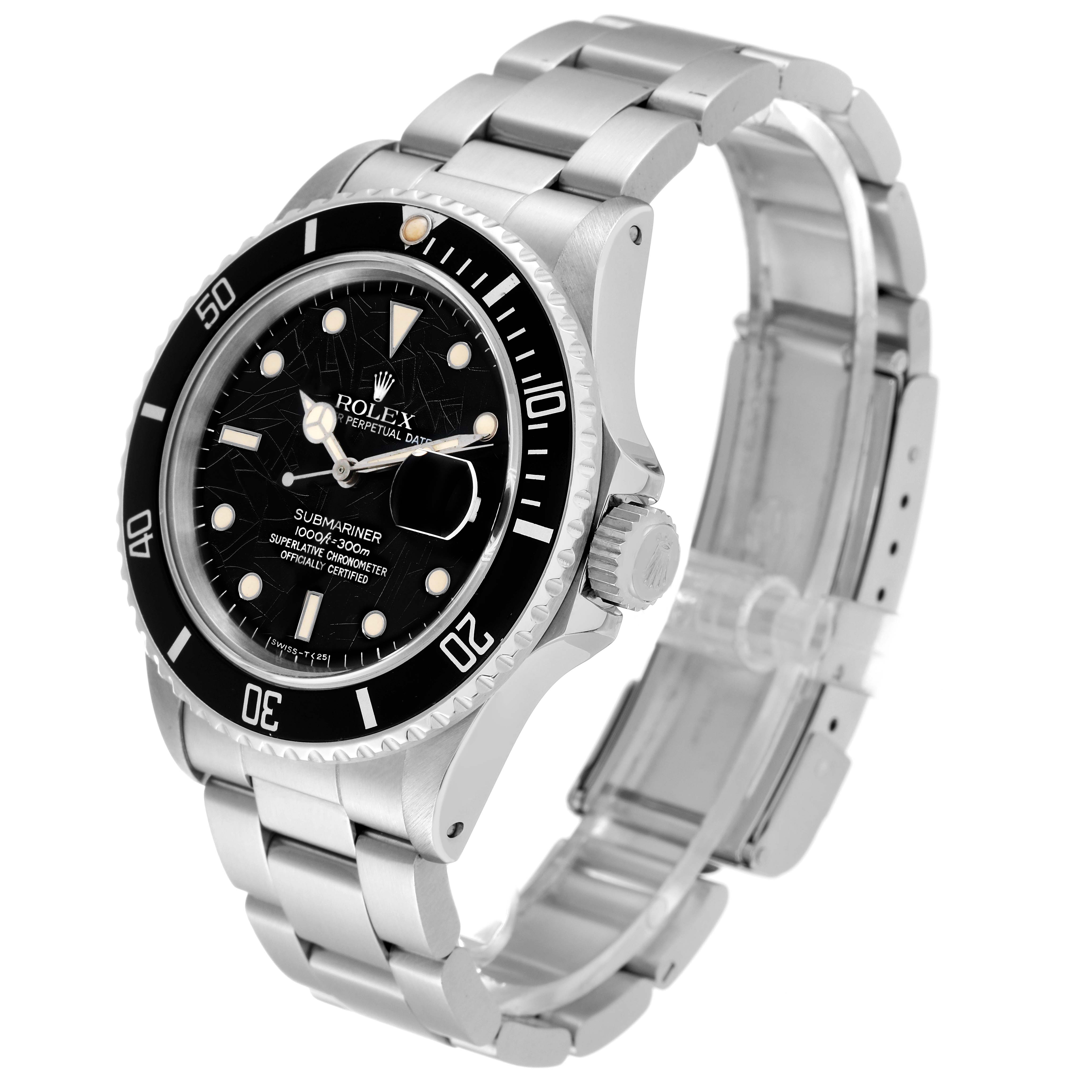The image shows a side angle of a Rolex Vintage Collection 16800 Men's Stainless Steel Black Dial 16800 Men's Stainless Steel Black Dial Submariner watch, highlighting the case, bezel, dial, and bracelet.