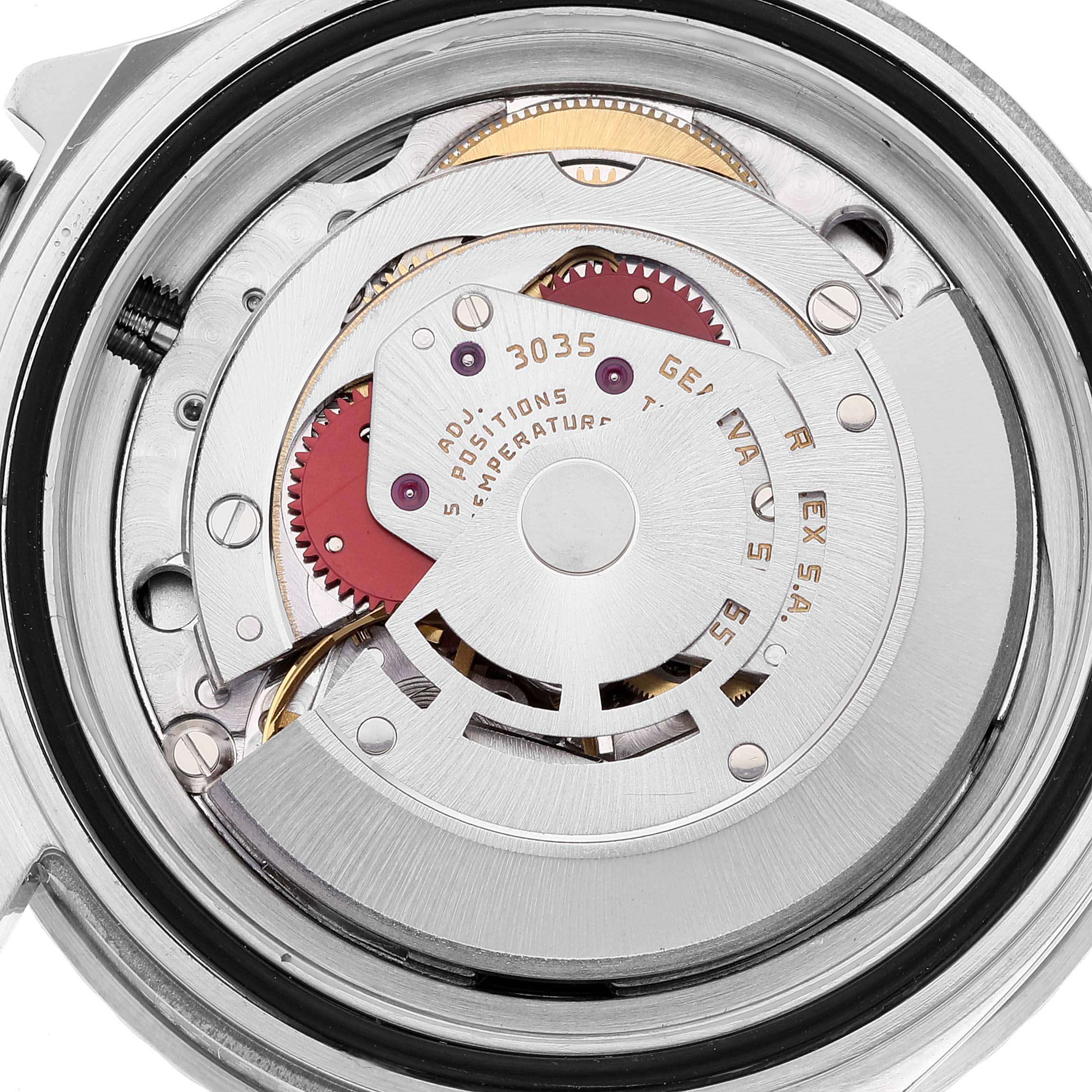 This image shows a close-up of the movement mechanism of the Rolex Vintage Collection 16800 Men's Stainless Steel Black Dial 16800 Men's Stainless Steel Black Dial watch model 3035.