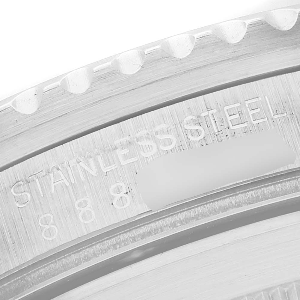 This close-up image shows the engraved stainless steel back of a Rolex Vintage Collection 16800 Men's Stainless Steel Black Dial 16800 Men's Stainless Steel Black Dial watch.