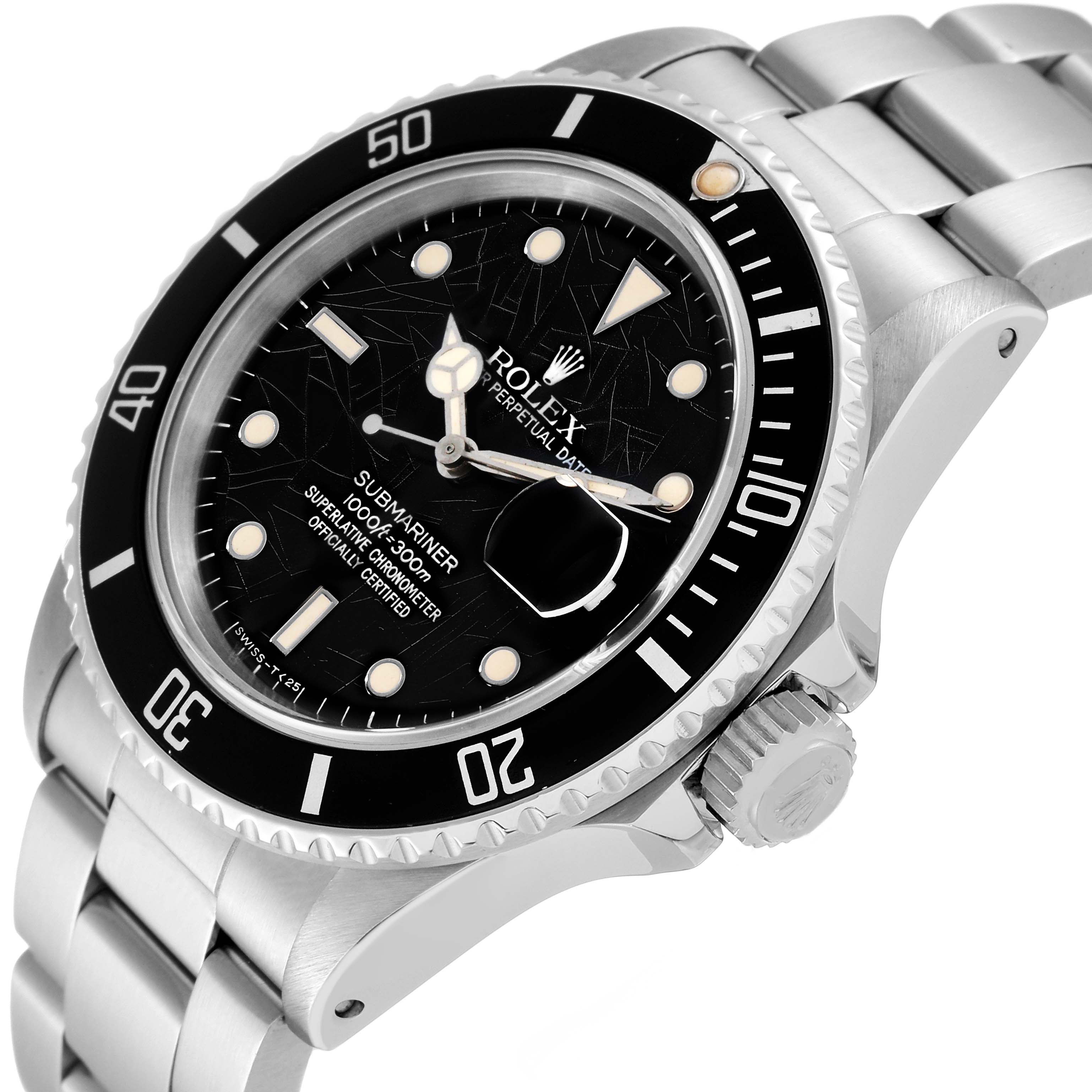 The image shows a close-up, angled view of the Rolex Vintage Collection 16800 Men's Stainless Steel Black Dial 16800 Men's Stainless Steel Black Dial Submariner, highlighting the face, bezel, and bracelet.