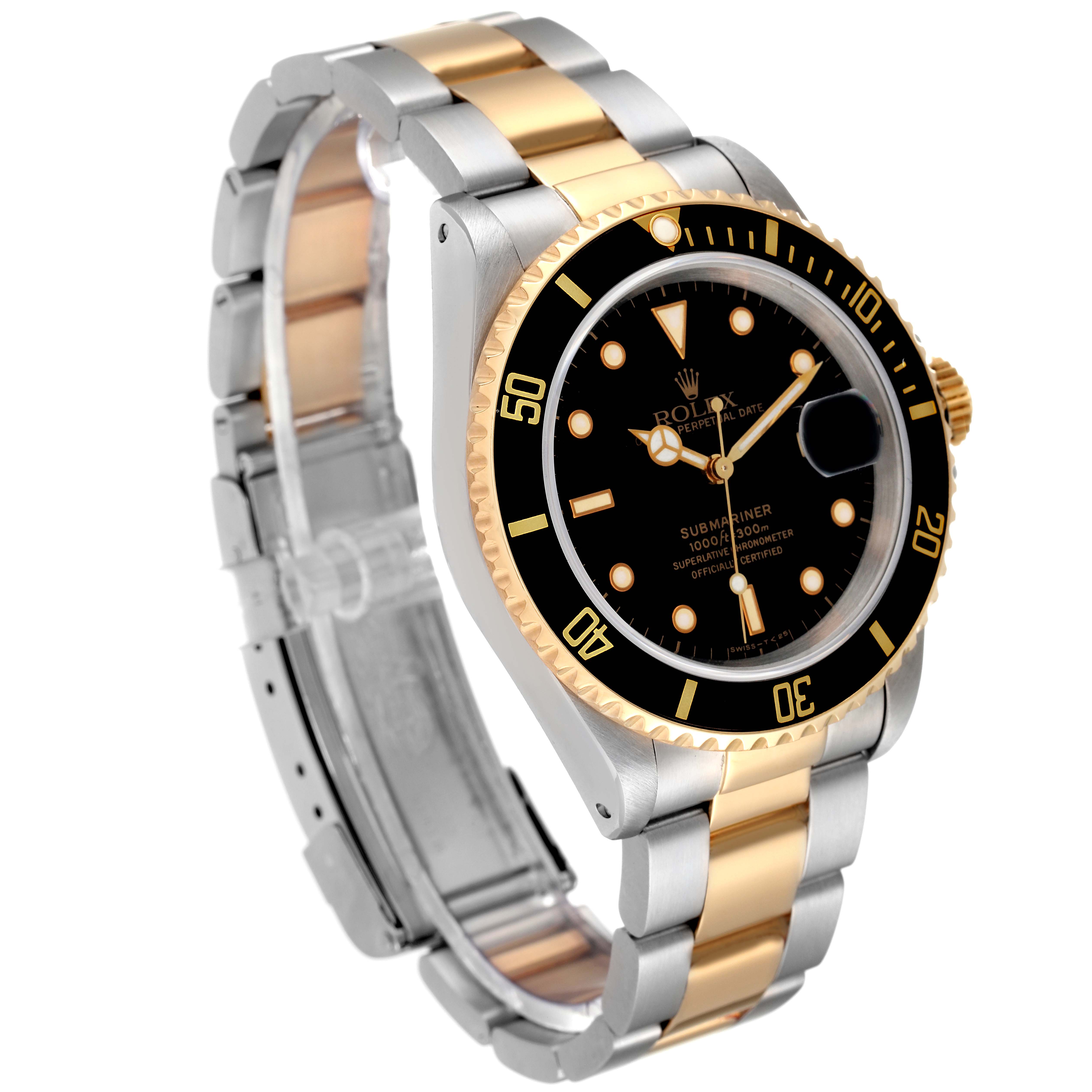 The image shows a Rolex Submariner 16613 Men's Steel and Gold (two tone) Black Dial 16613 Men's Steel and Gold (two tone) Black Dial watch at an oblique angle, highlighting its bezel, dial, and two-tone bracelet.