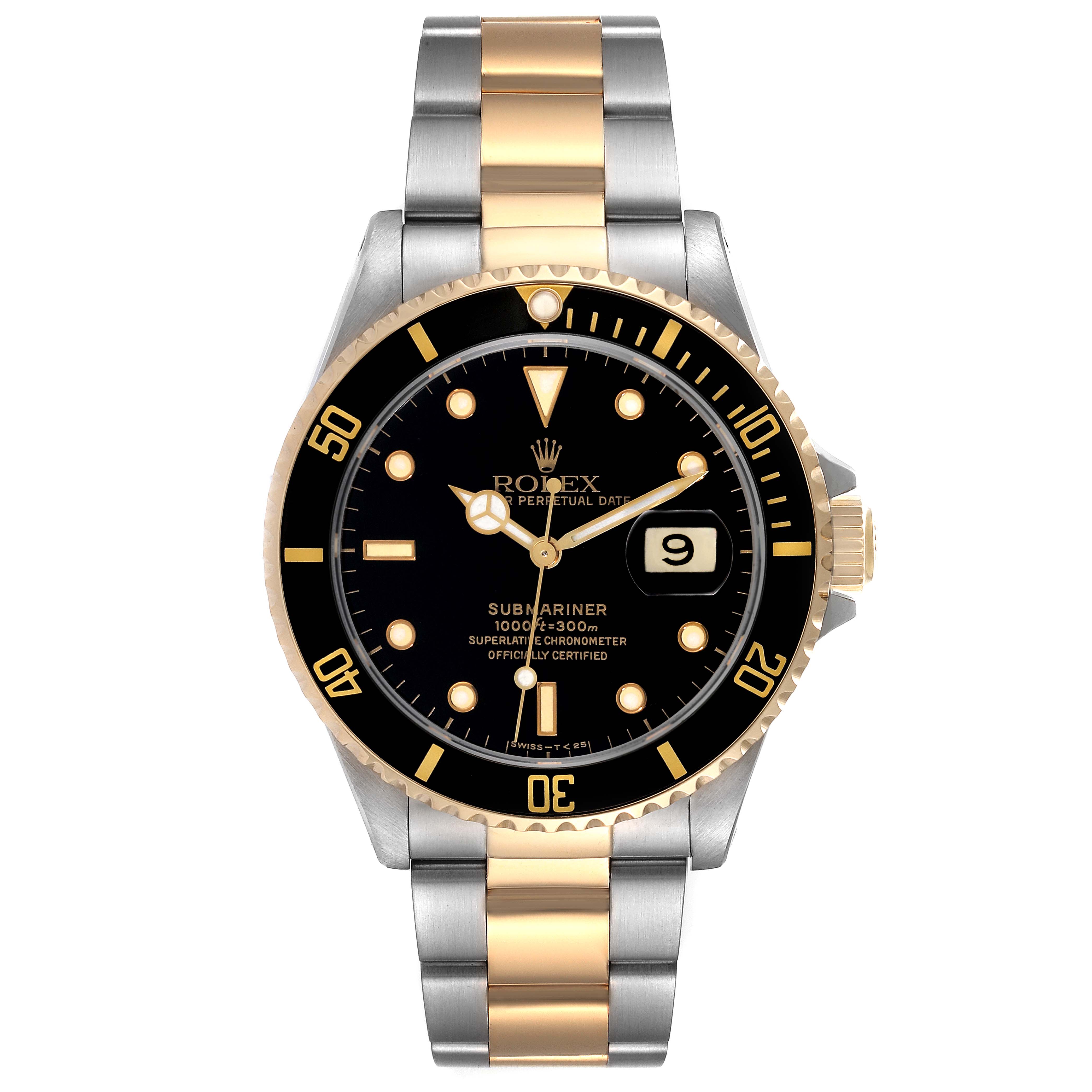 The image shows a front view of a Rolex Submariner 16613 Men's Steel and Gold (two tone) Black Dial 16613 Men's Steel and Gold (two tone) Black Dial watch with a black dial and a two-tone stainless steel and gold bracelet.