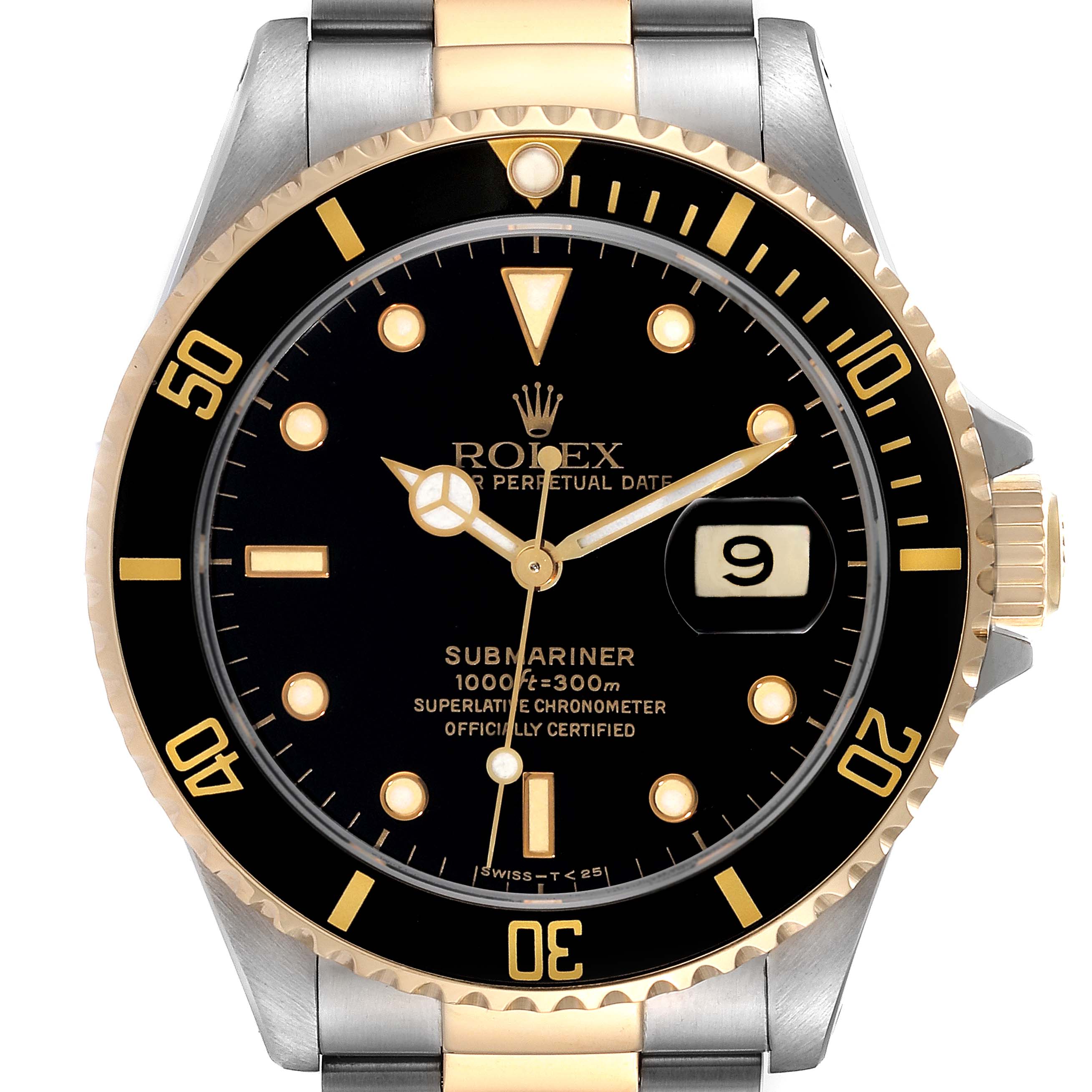 This image shows a front view of the Rolex Submariner 16613 Men's Steel and Gold (two tone) Black Dial 16613 Men's Steel and Gold (two tone) Black Dial watch, highlighting the face, bezel, and part of the bracelet.