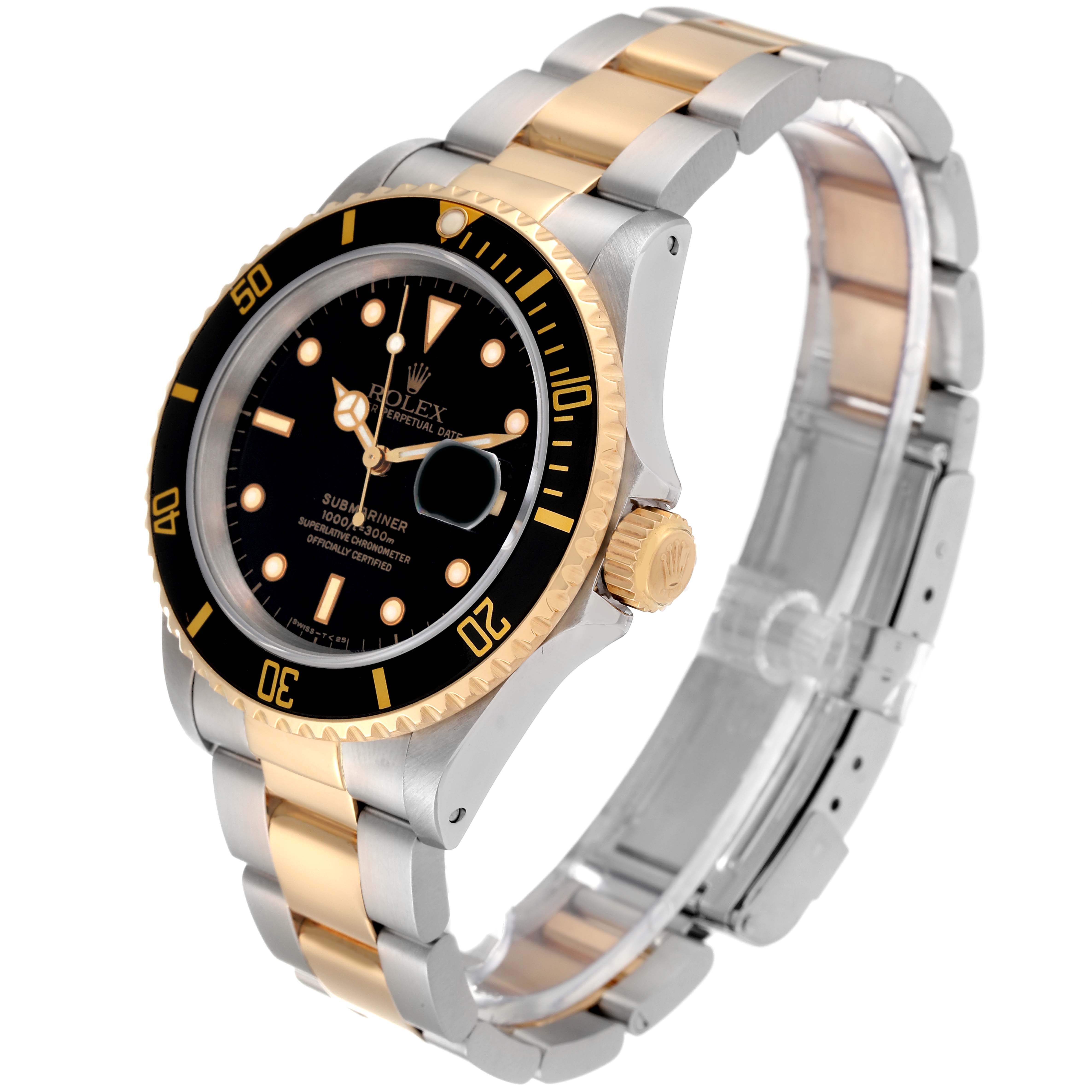 This side-angle view of the Rolex Submariner 16613 Men's Steel and Gold (two tone) Black Dial 16613 Men's Steel and Gold (two tone) Black Dial watch showcases its black dial, gold bezel, crown, and two-tone bracelet.