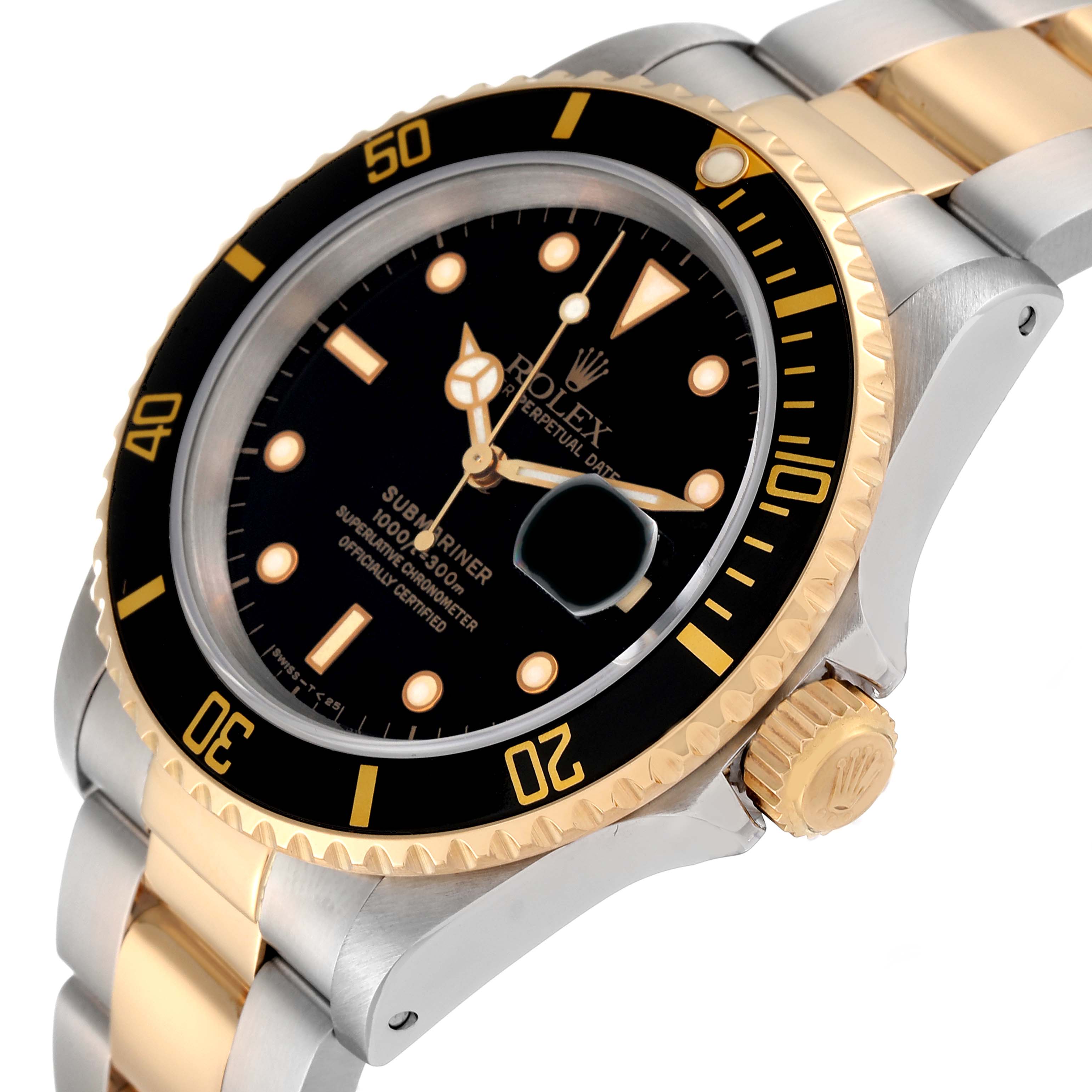 The Rolex Submariner 16613 Men's Steel and Gold (two tone) Black Dial 16613 Men's Steel and Gold (two tone) Black Dial watch is shown at an angle highlighting the bezel, dial, crown, and part of the bracelet.
