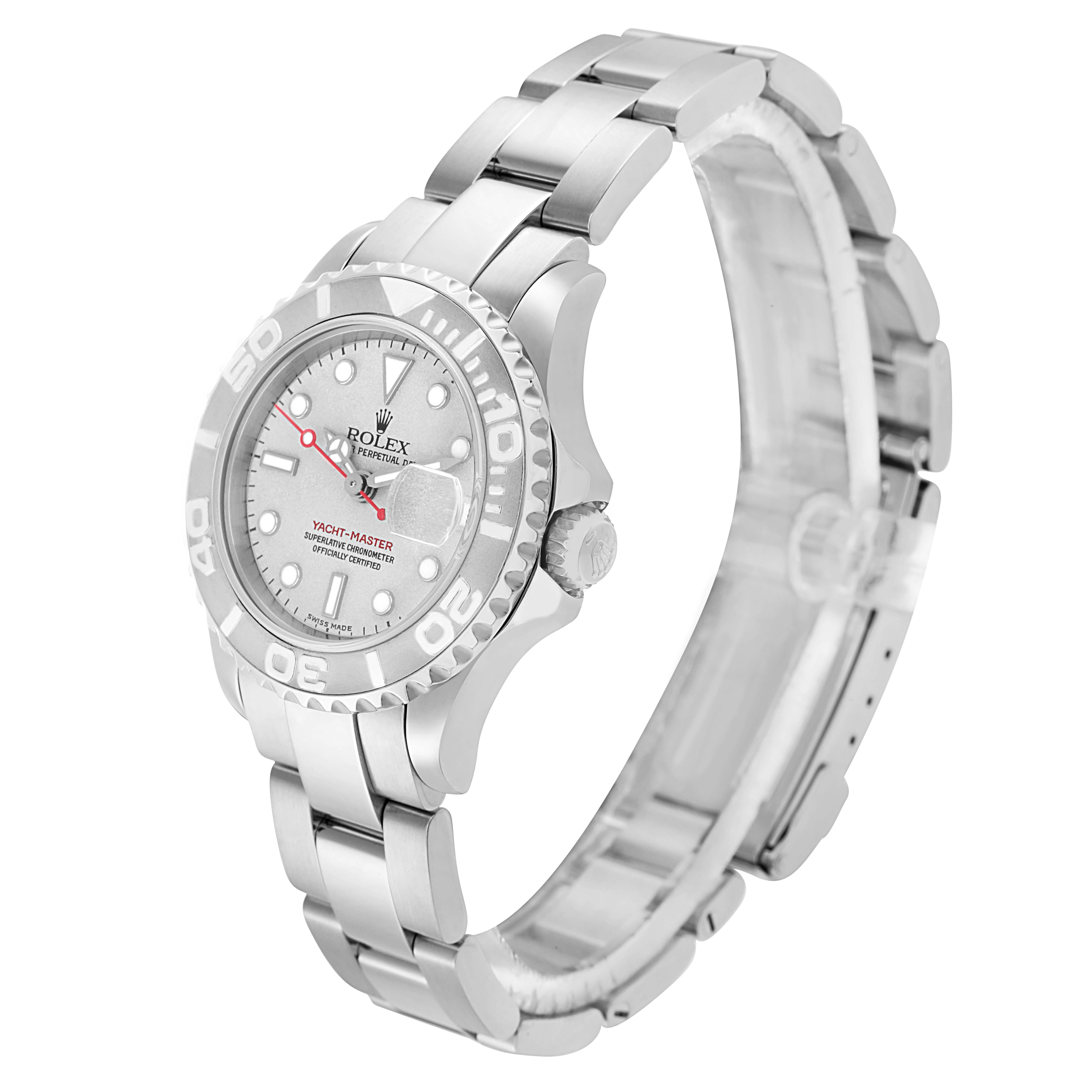 The Rolex Yacht-Master 169622 Women
s Stainless Steel Silver Dial watch is shown at a slight angle, highlighting the dial, bezel, and bracelet.