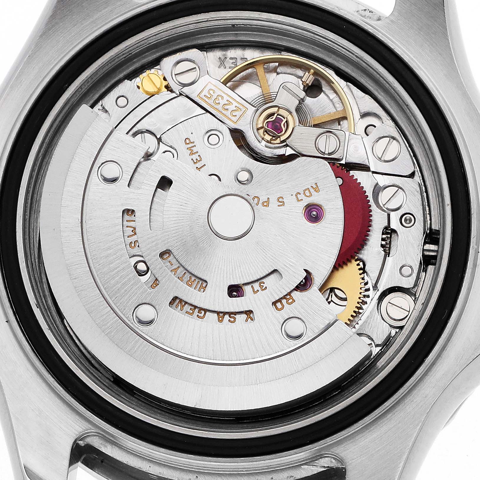 This image shows the movement mechanism of a Rolex Yacht-Master 169622 Women
s Stainless Steel Silver Dial watch from a back angle, highlighting gears and rotor.