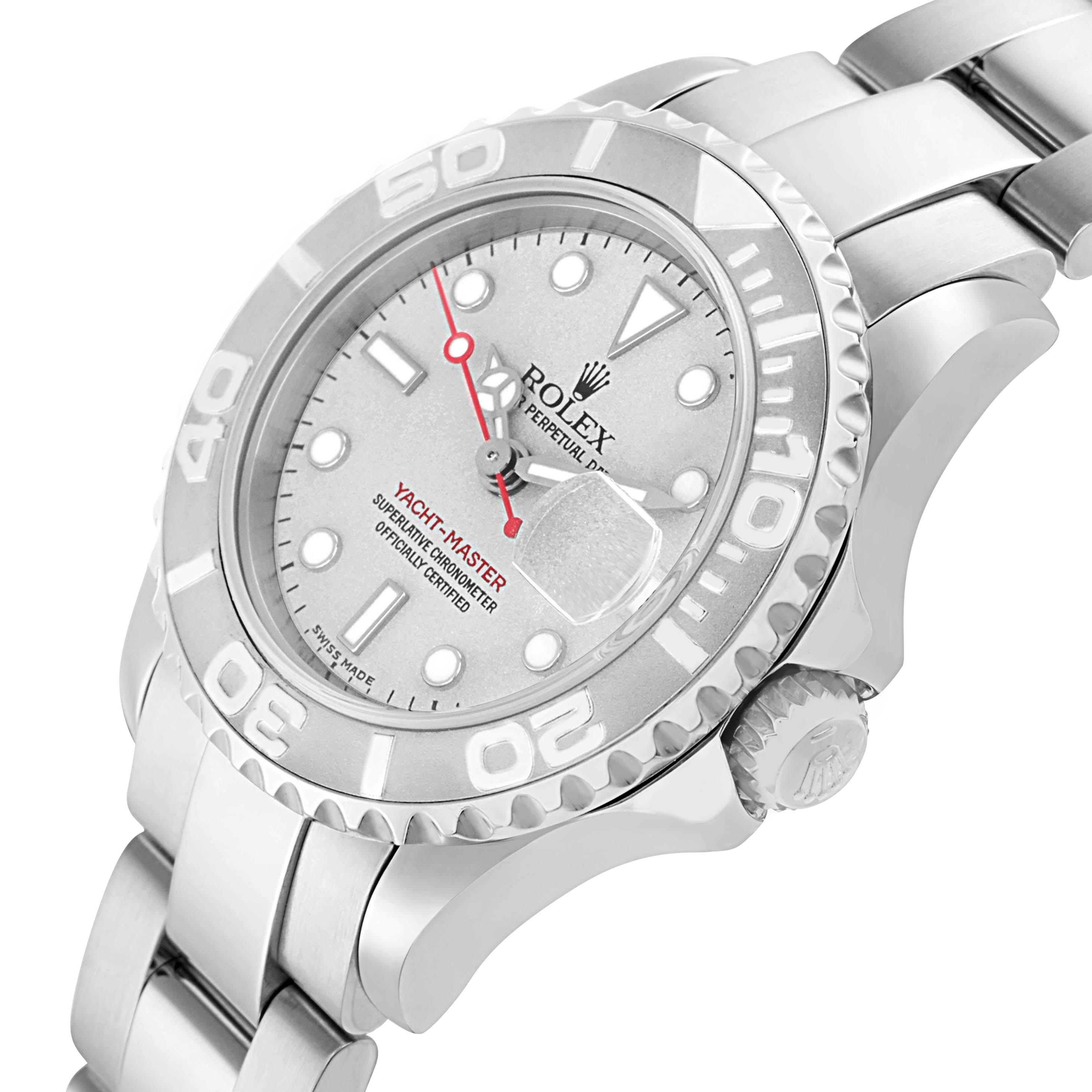 The Rolex Yacht-Master 169622 Women
s Stainless Steel Silver Dial watch is shown at a three-quarter angle, highlighting the face, bezel, crown, and part of the bracelet.