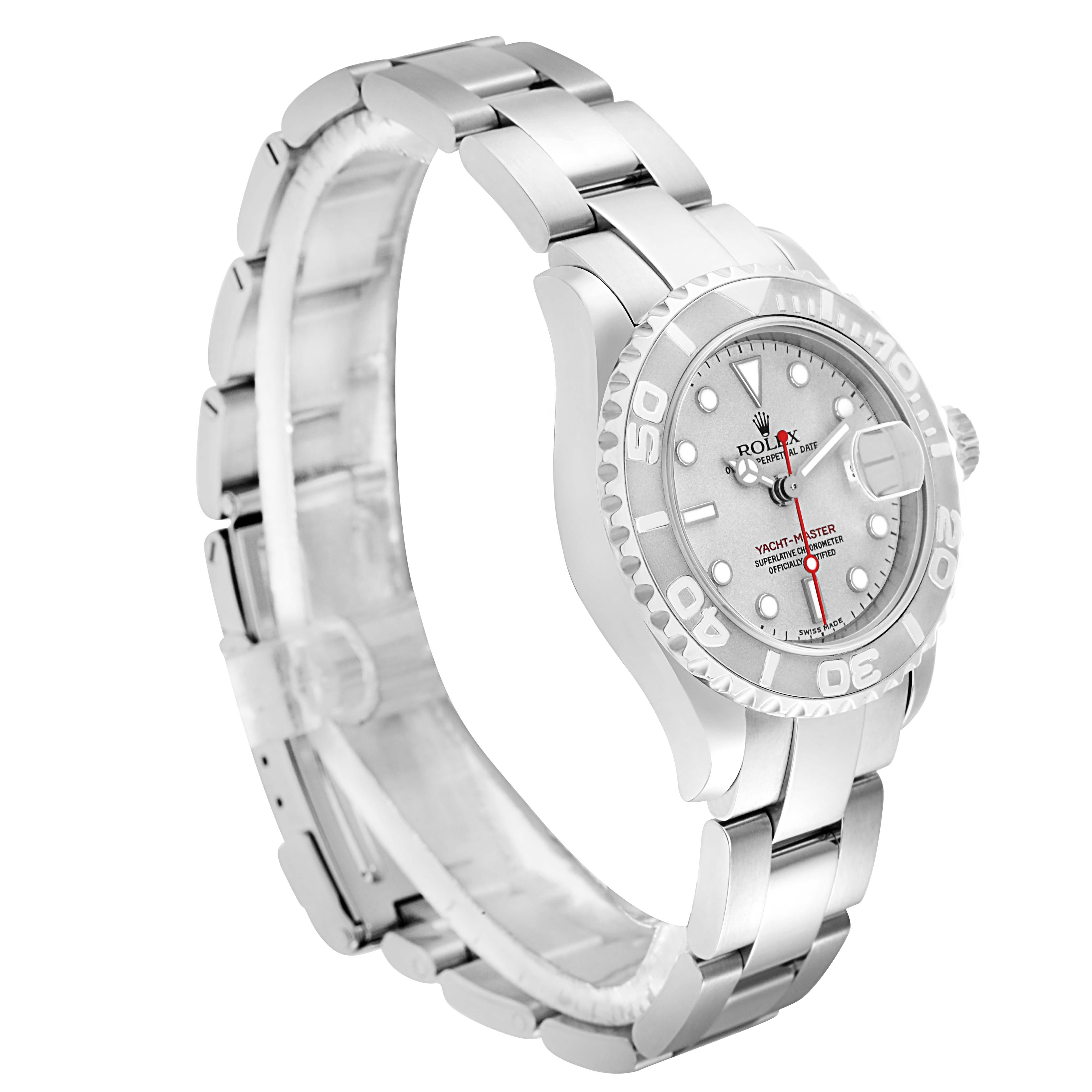The Rolex Yacht-Master 169622 Women
s Stainless Steel Silver Dial watch is shown at a three-quarter angle, displaying the bracelet, bezel, and face with visible markers and hands.