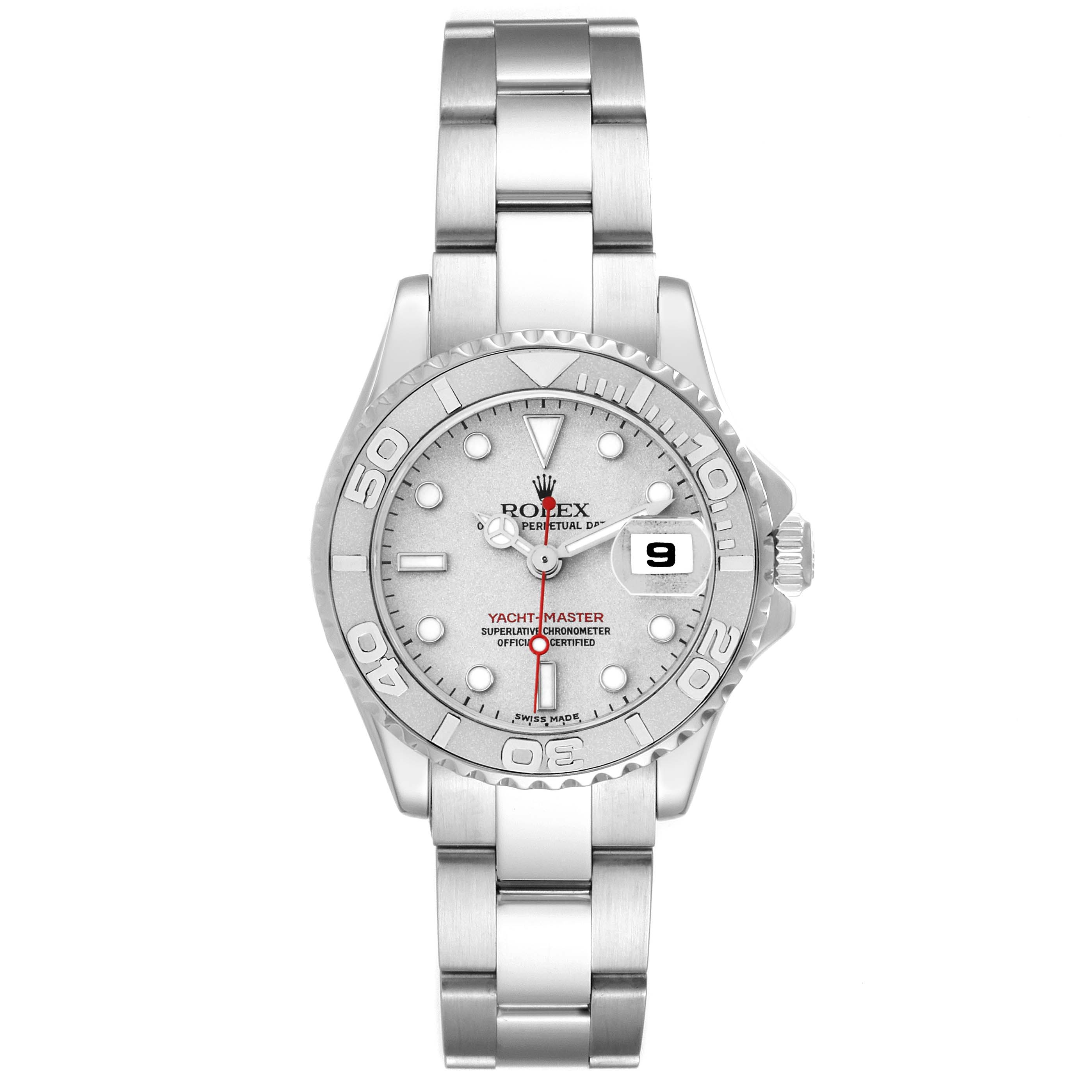 The Rolex Yacht-Master 169622 Women
s Stainless Steel Silver Dial watch is shown from a top-down angle, featuring its face, bezel, bracelet, and date display.