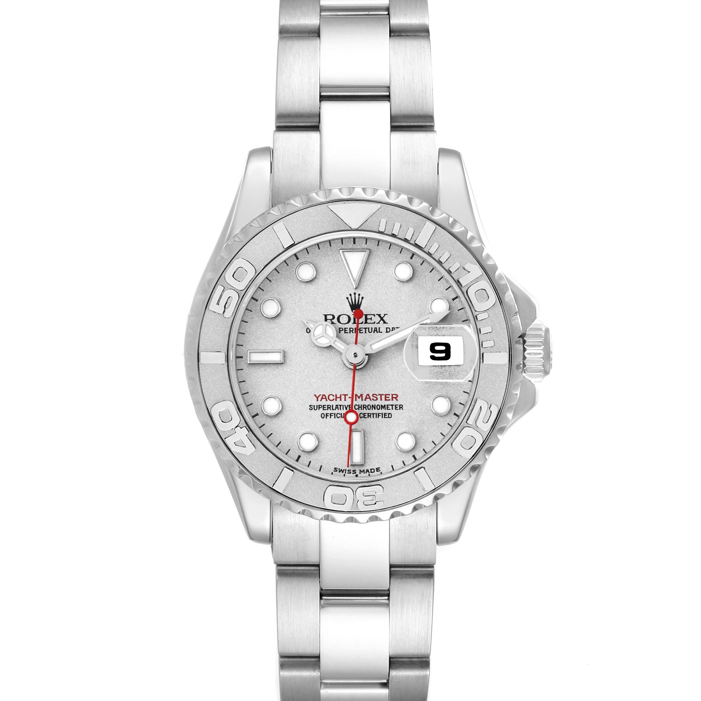 The Rolex Yacht-Master 169622 Women
s Stainless Steel Silver Dial watch is shown from a front angle, displaying the dial, bezel, and part of the bracelet.