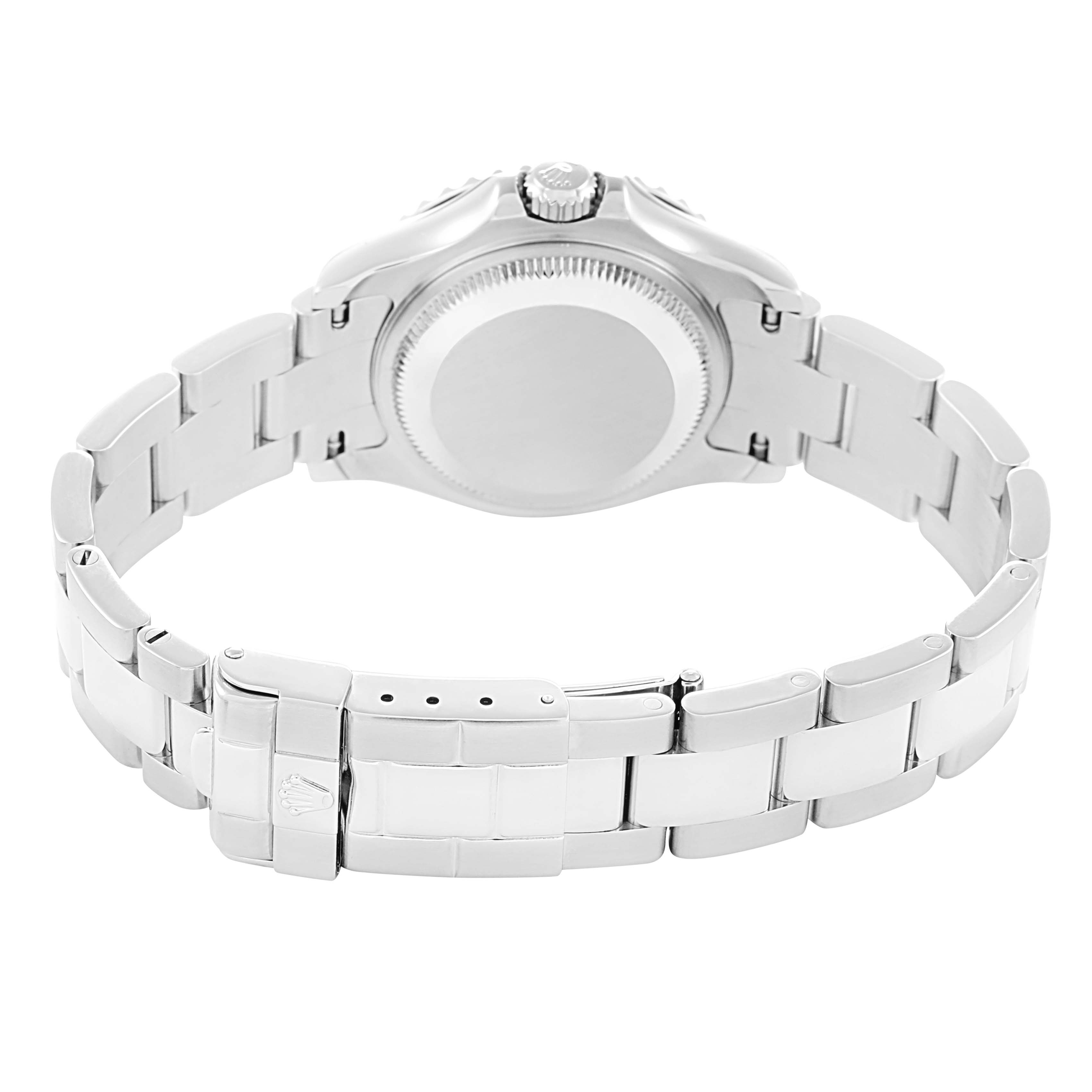 The image shows the back of a Rolex Yacht-Master 169622 Women
s Stainless Steel Silver Dial watch, highlighting the bracelet clasp and case back.