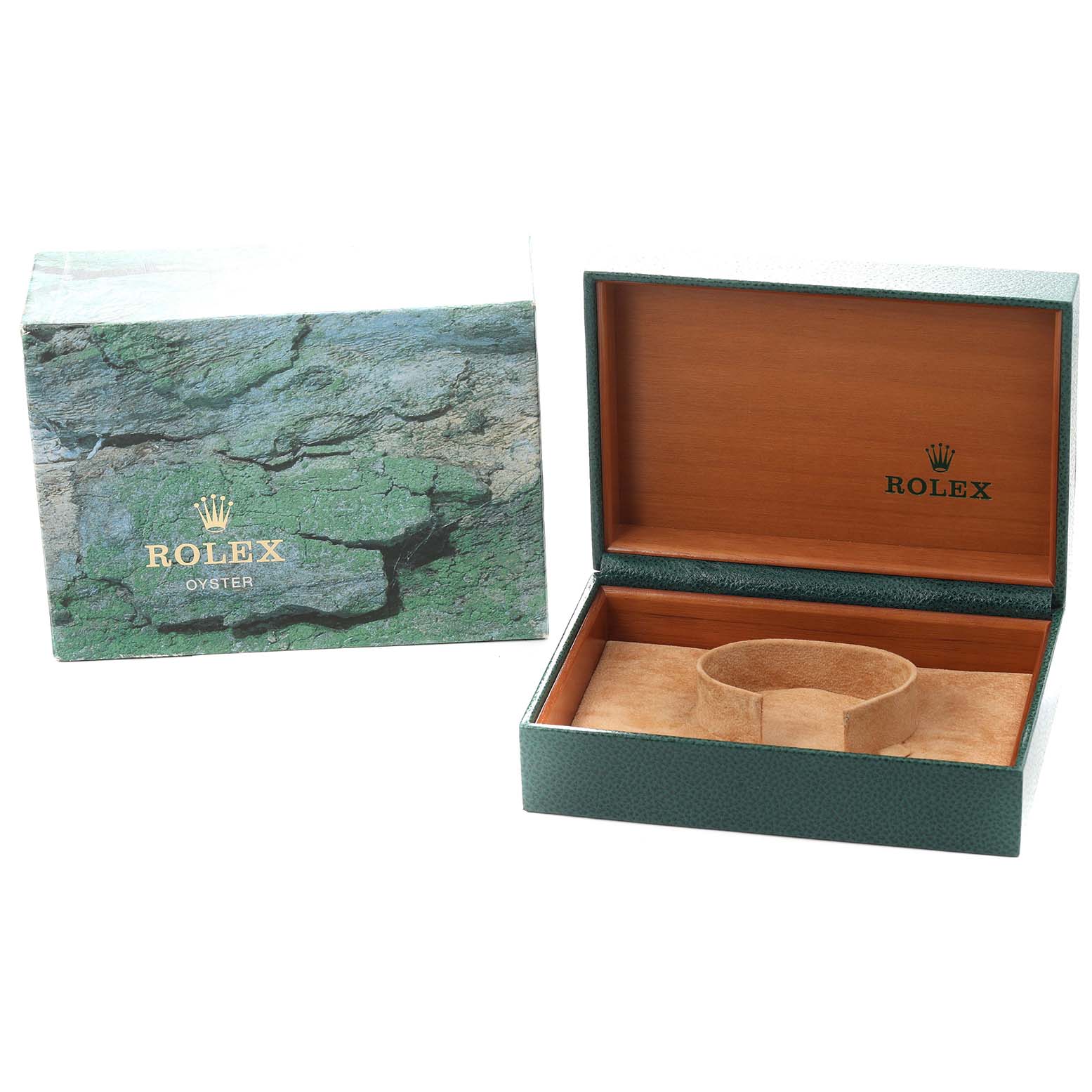 The image shows an open Rolex Yacht-Master 169622 Women
s Stainless Steel Silver Dial watch box and an outer box, displaying the interior lining and logo.