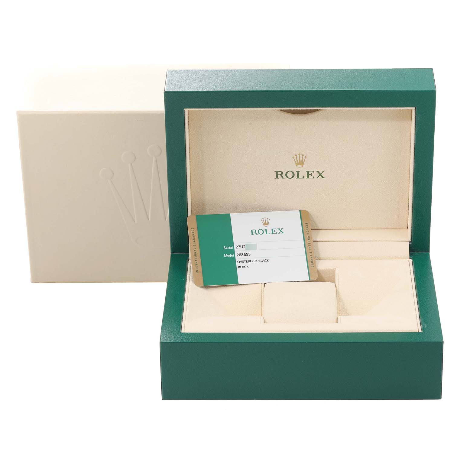 The image shows a green Rolex Yacht-Master 268655 Men's Rose Gold Black Dial 268655 Men's Rose Gold Black Dial watch box with a warranty card inside.