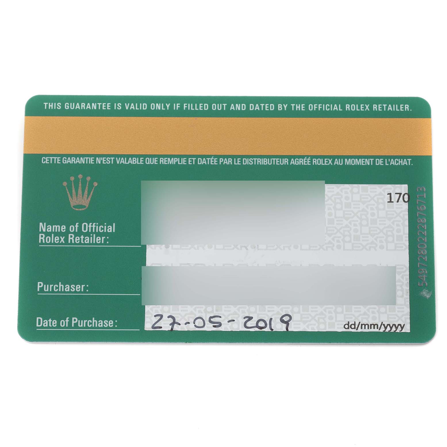 The image shows a filled-out warranty card for the Rolex Yacht-Master 268655 Men's Rose Gold Black Dial 268655 Men's Rose Gold Black Dial model.