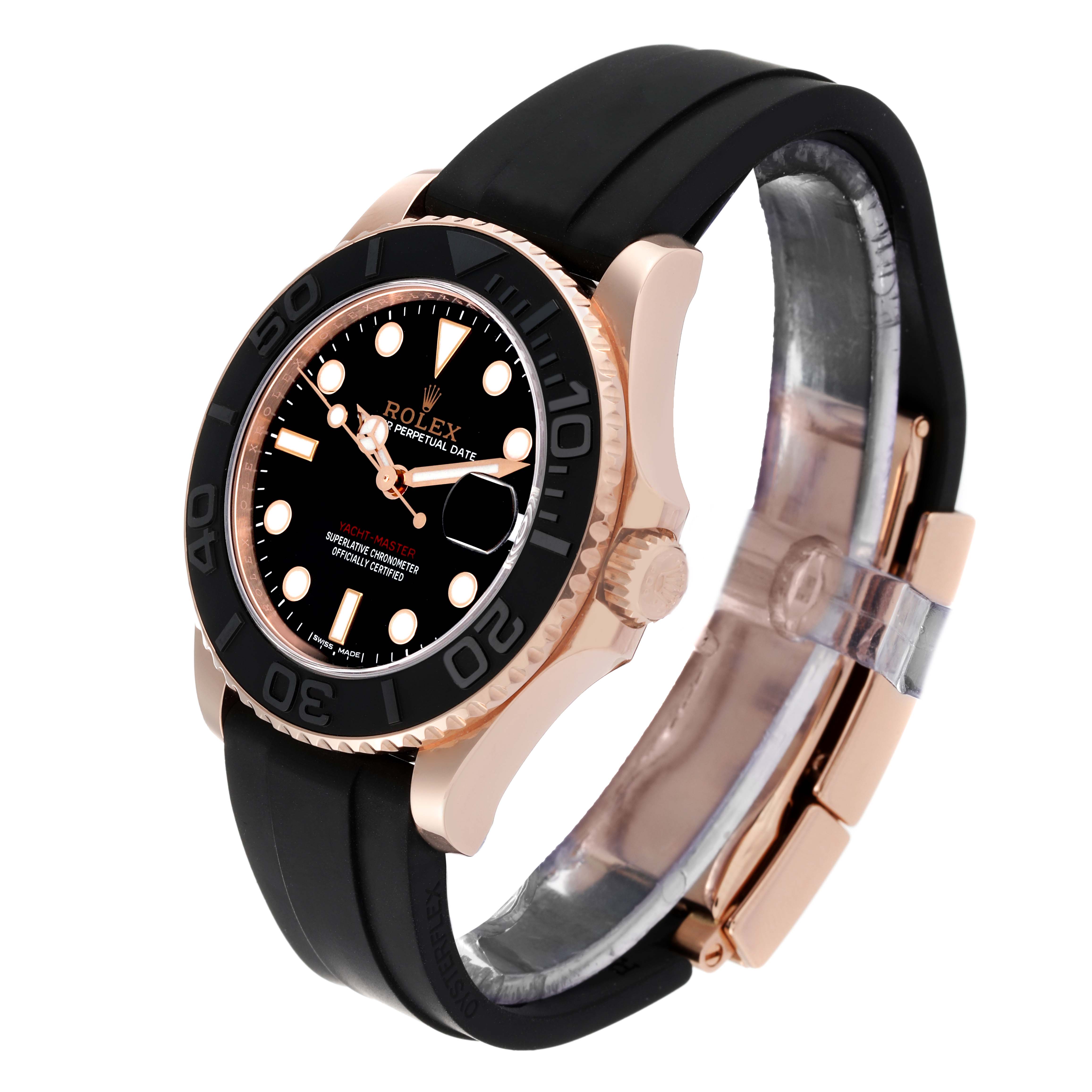 This Rolex Yacht-Master 268655 Men's Rose Gold Black Dial 268655 Men's Rose Gold Black Dial watch is shown at a three-quarter angle, highlighting the face, bezel, crown, and strap.