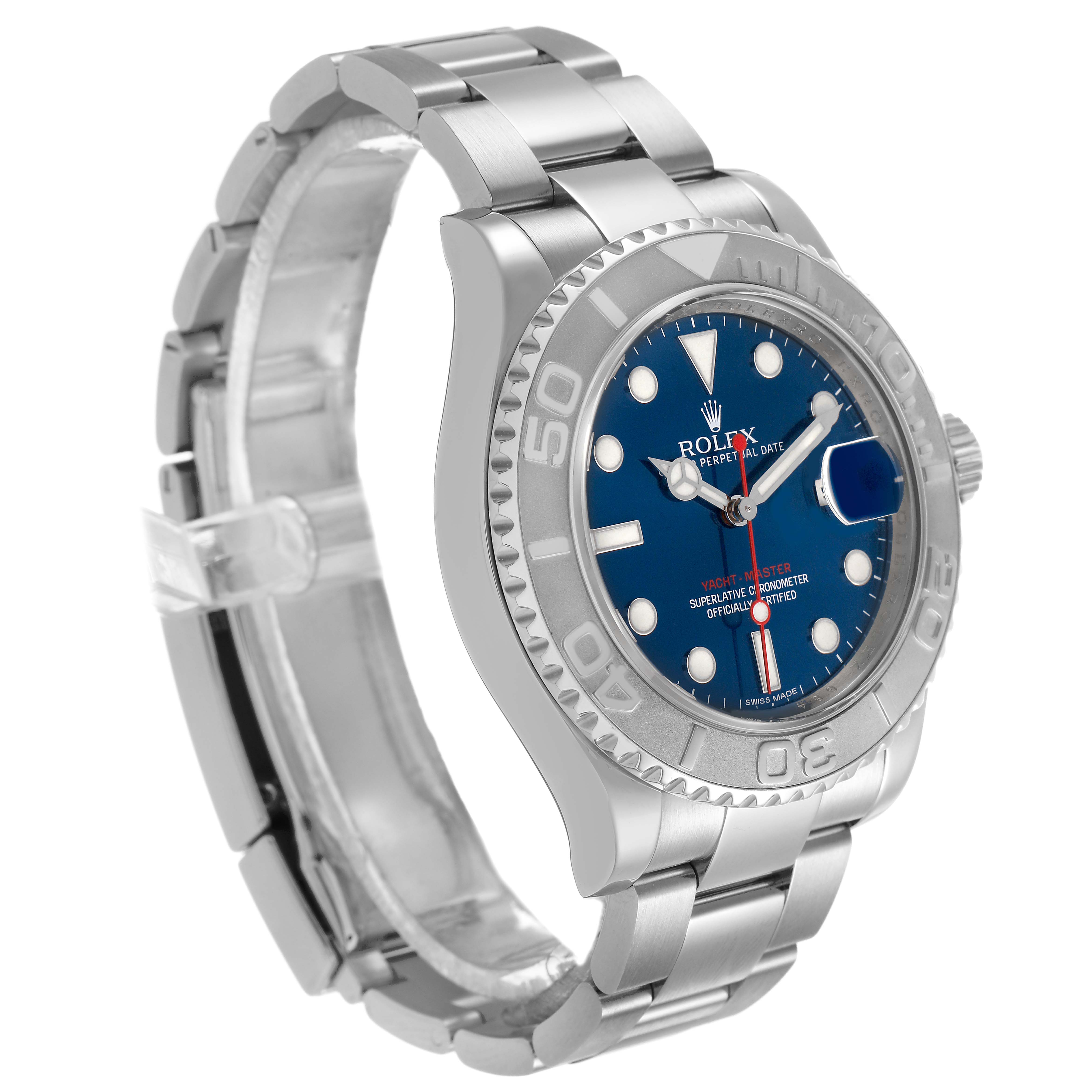The Rolex Yacht-Master 116622 Men's Stainless Steel Blue Dial watch is shown at a three-quarter angle, highlighting the bezel, bracelet, dial, and side profile.