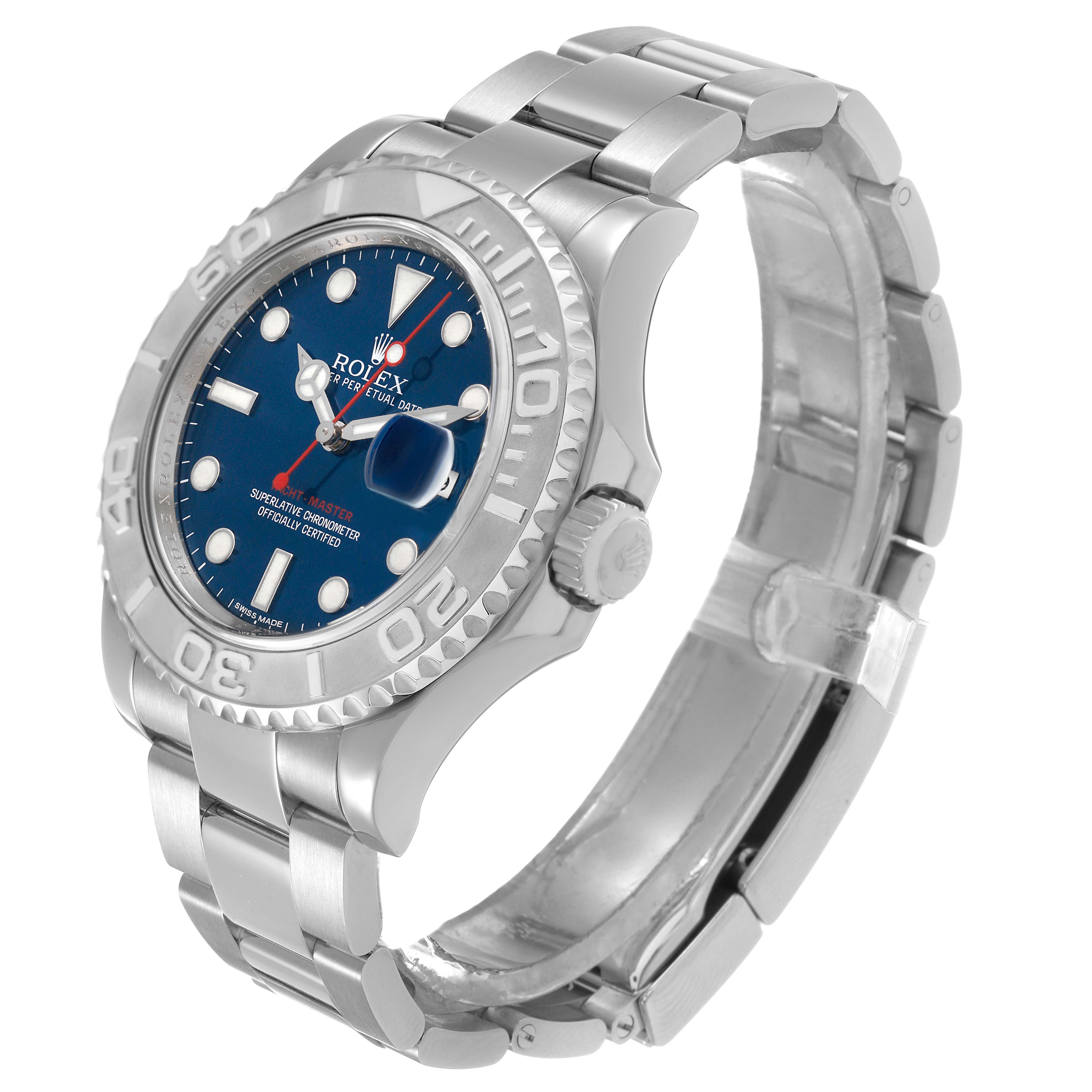 The image shows a Rolex Yacht-Master 116622 Men's Stainless Steel Blue Dial watch at a three-quarter angle, highlighting the case, bezel, dial, crown, and bracelet.