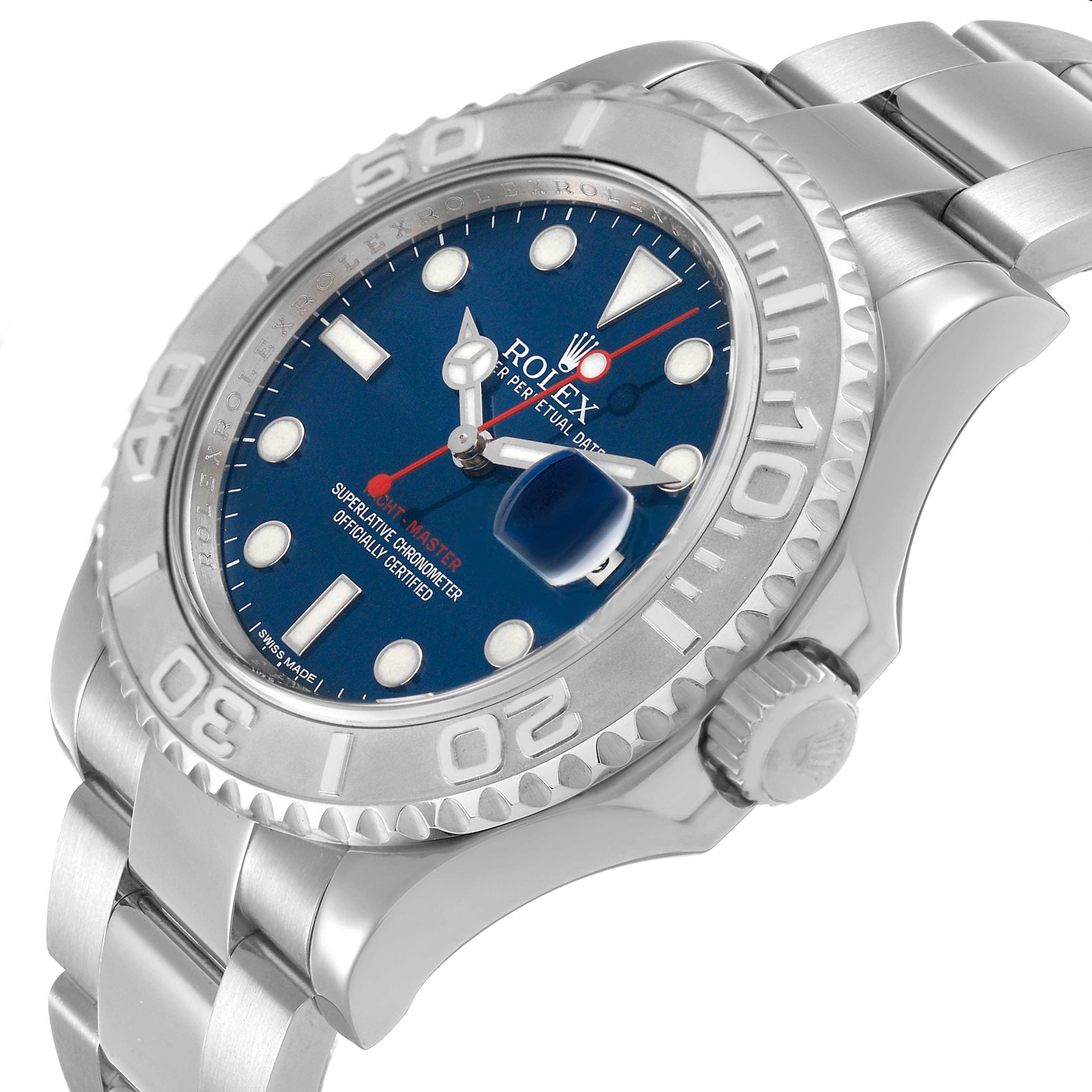 The Rolex Yacht-Master 116622 Men's Stainless Steel Blue Dial watch is shown at a slight angle, highlighting its bezel, crown, and bracelet.