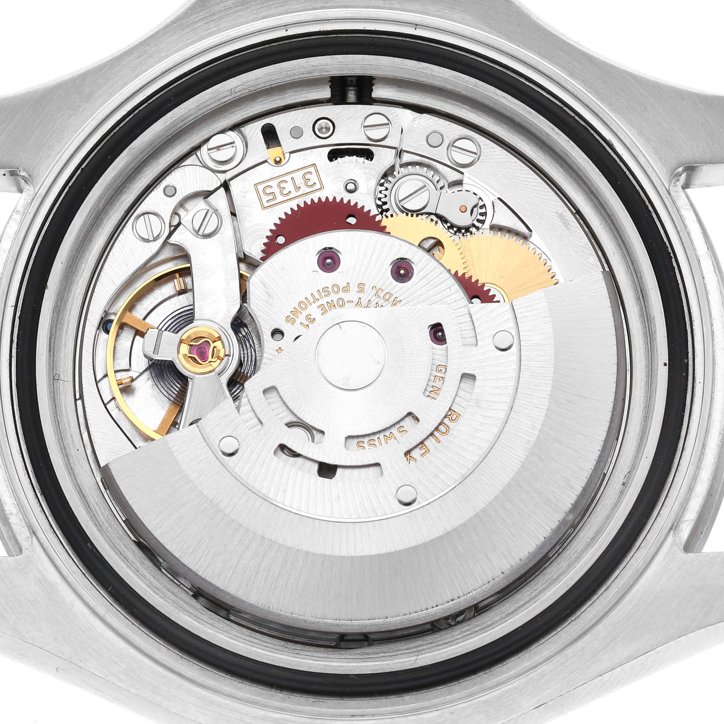The image shows a close-up of the movement mechanism of a Rolex Yacht-Master 116622 Men's Stainless Steel Blue Dial watch from the back.