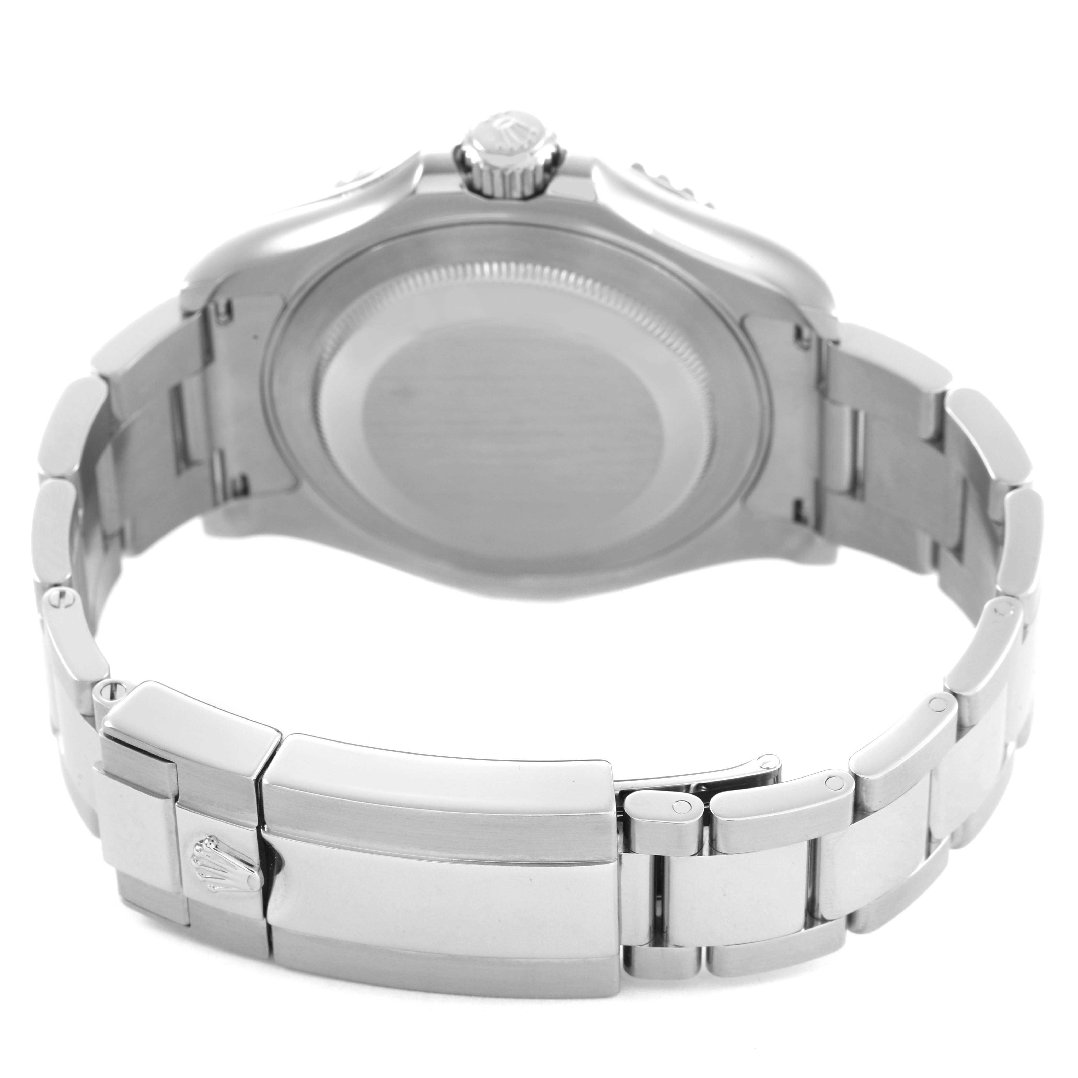 The Rolex Yacht-Master 116622 Men's Stainless Steel Blue Dial watch is shown from the back, highlighting its bracelet and clasp.
