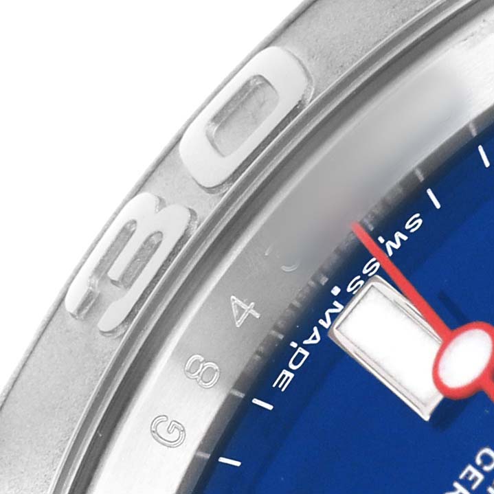 The image shows a close-up of the bezel and part of the dial of a Rolex Yacht-Master 116622 Men's Stainless Steel Blue Dial watch.