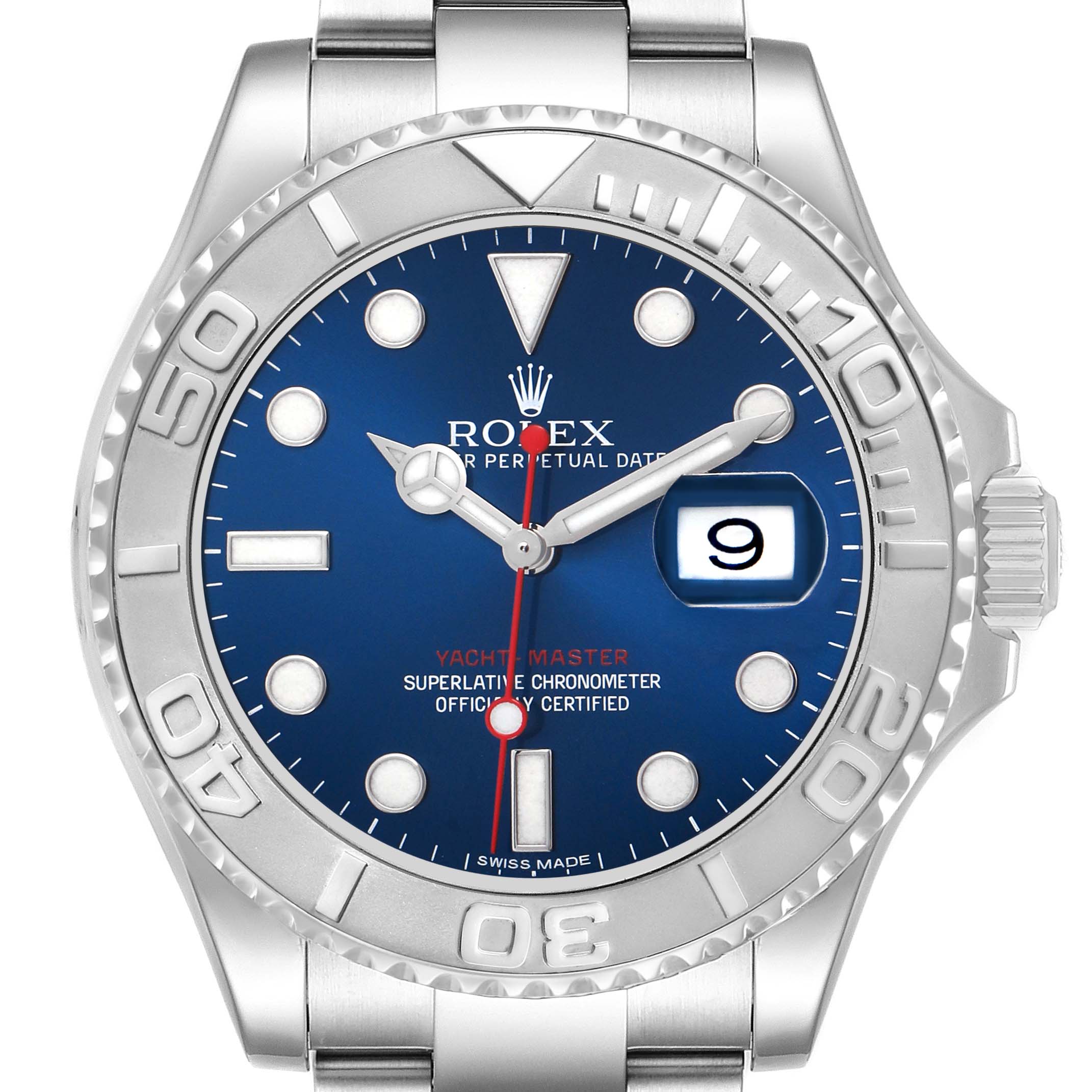 The image shows a front view of the Rolex Yacht-Master 116622 Men's Stainless Steel Blue Dial, highlighting the dial, bezel, and crown.