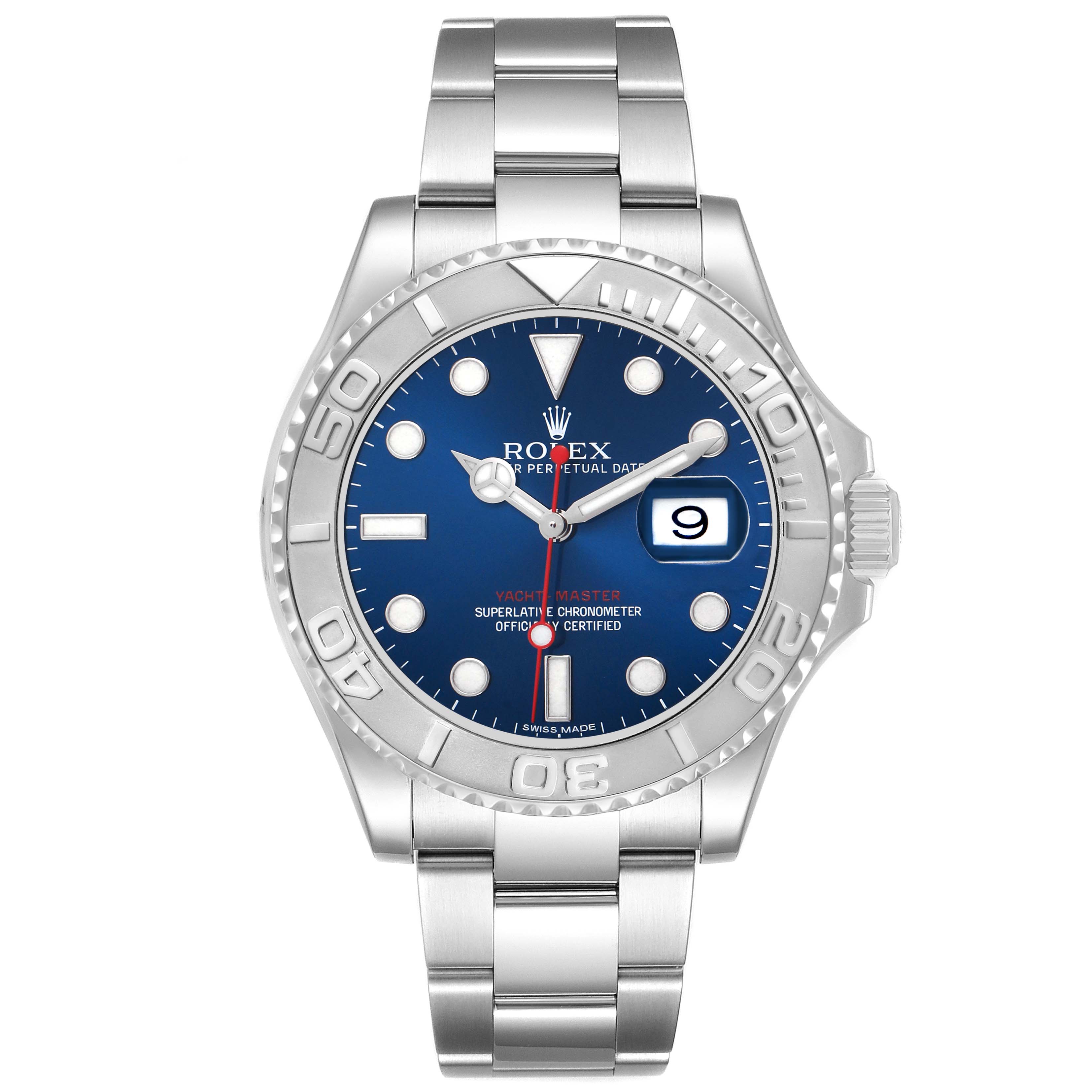 The Rolex Yacht-Master 116622 Men's Stainless Steel Blue Dial is shown from a front angle highlighting the face, bezel, bracelet, and crown.