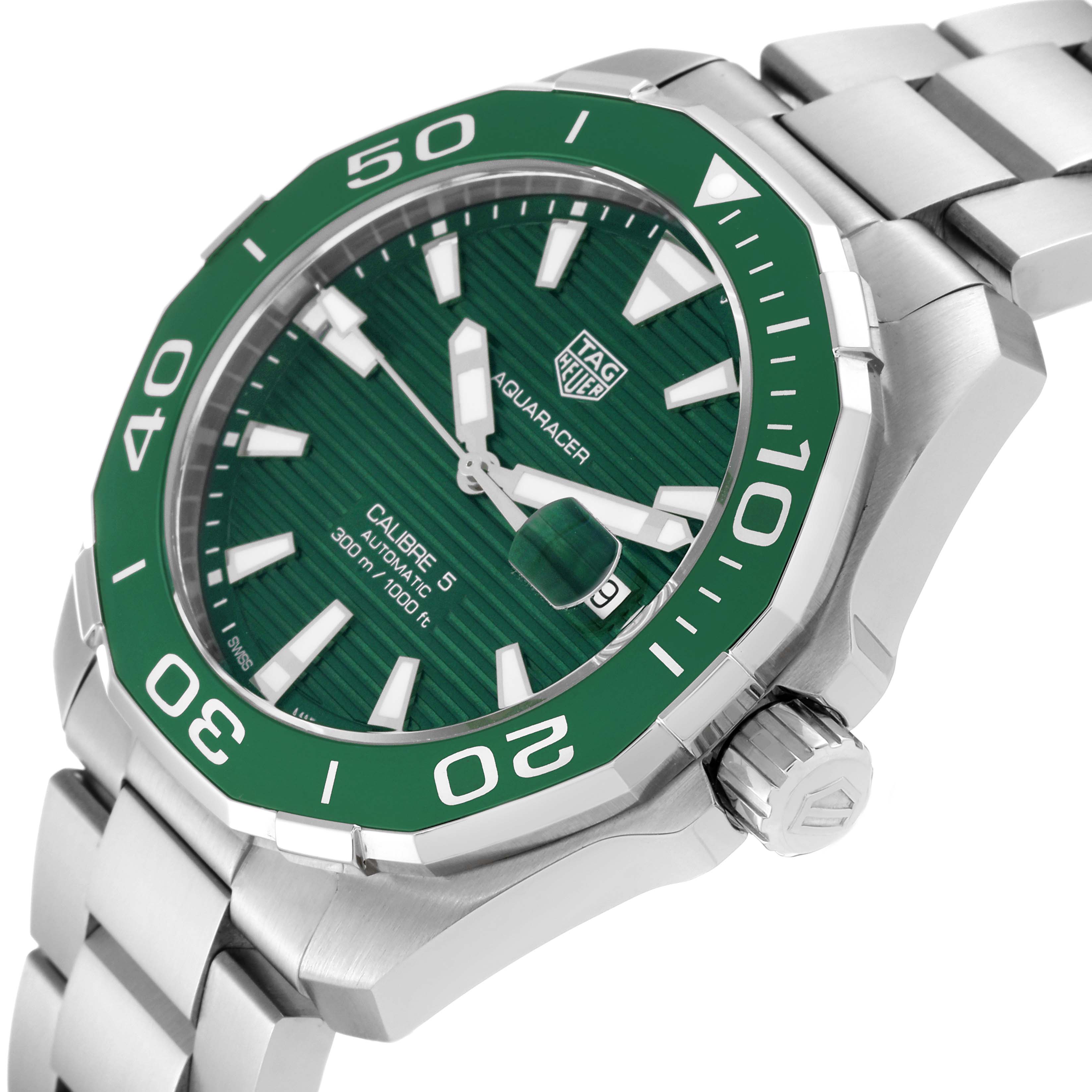 This image shows a Tag Heuer Aquaracer WAY2015.BA0927 Men's Stainless Steel Green Dial WAY2015.BA0927 Men's Stainless Steel Green Dial watch at an angled close-up, highlighting the green bezel, dial, crown, and part of the metal bracelet.