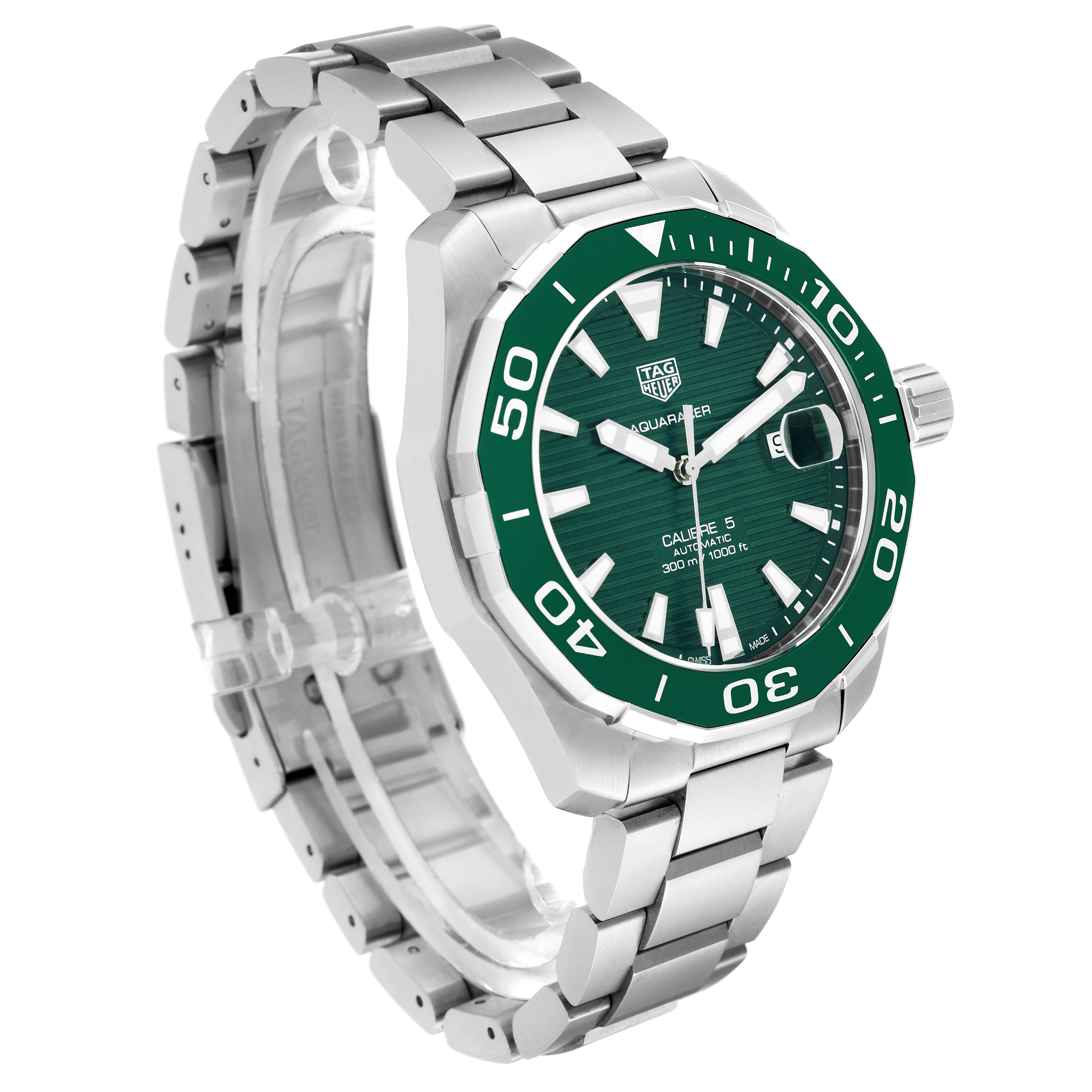 The image shows a side angle view of a Tag Heuer Aquaracer WAY2015.BA0927 Men's Stainless Steel Green Dial WAY2015.BA0927 Men's Stainless Steel Green Dial watch with a green dial and a stainless steel bracelet.