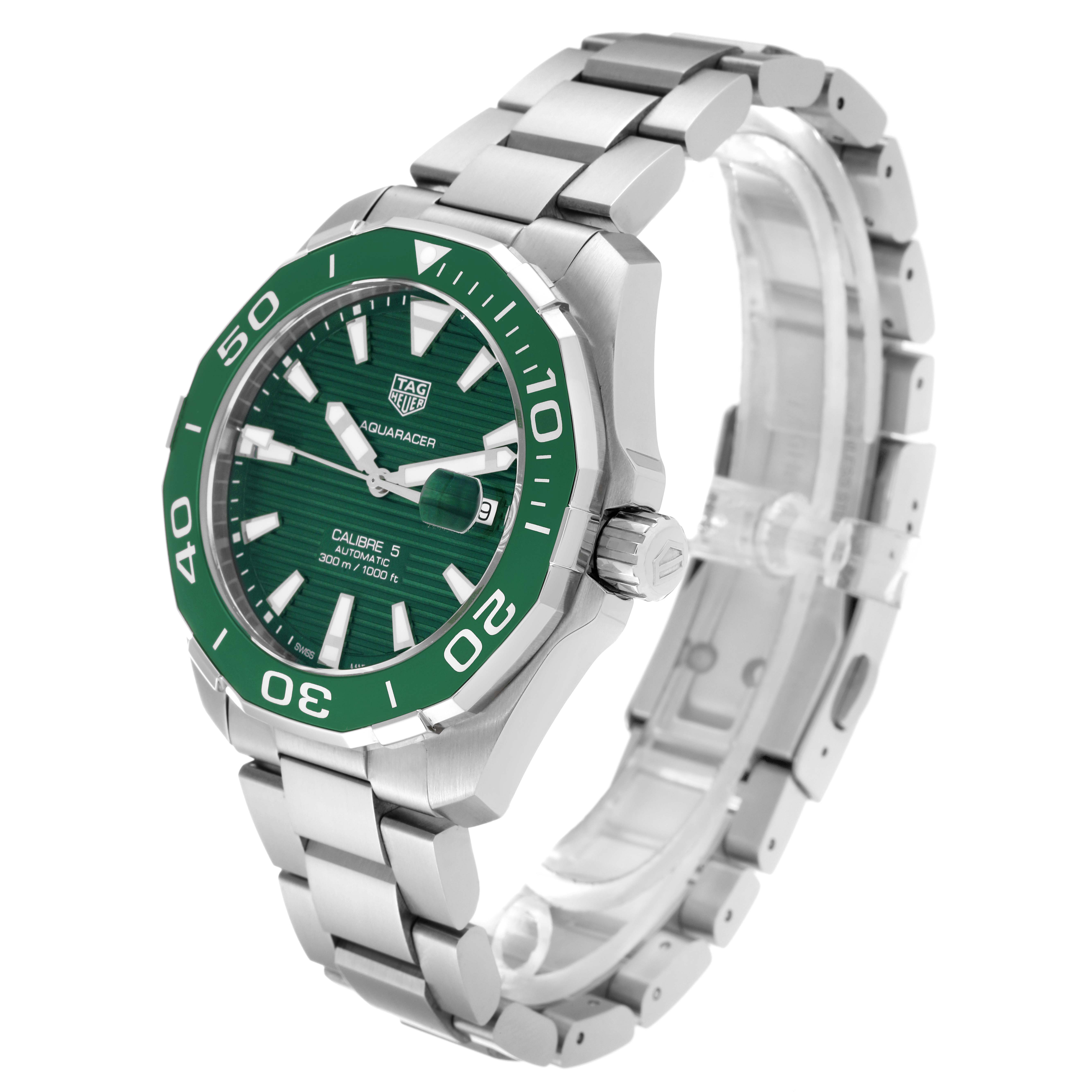 The image shows a side and front view of the Tag Heuer Aquaracer WAY2015.BA0927 Men's Stainless Steel Green Dial WAY2015.BA0927 Men's Stainless Steel Green Dial watch featuring a green bezel and dial with a metal bracelet.
