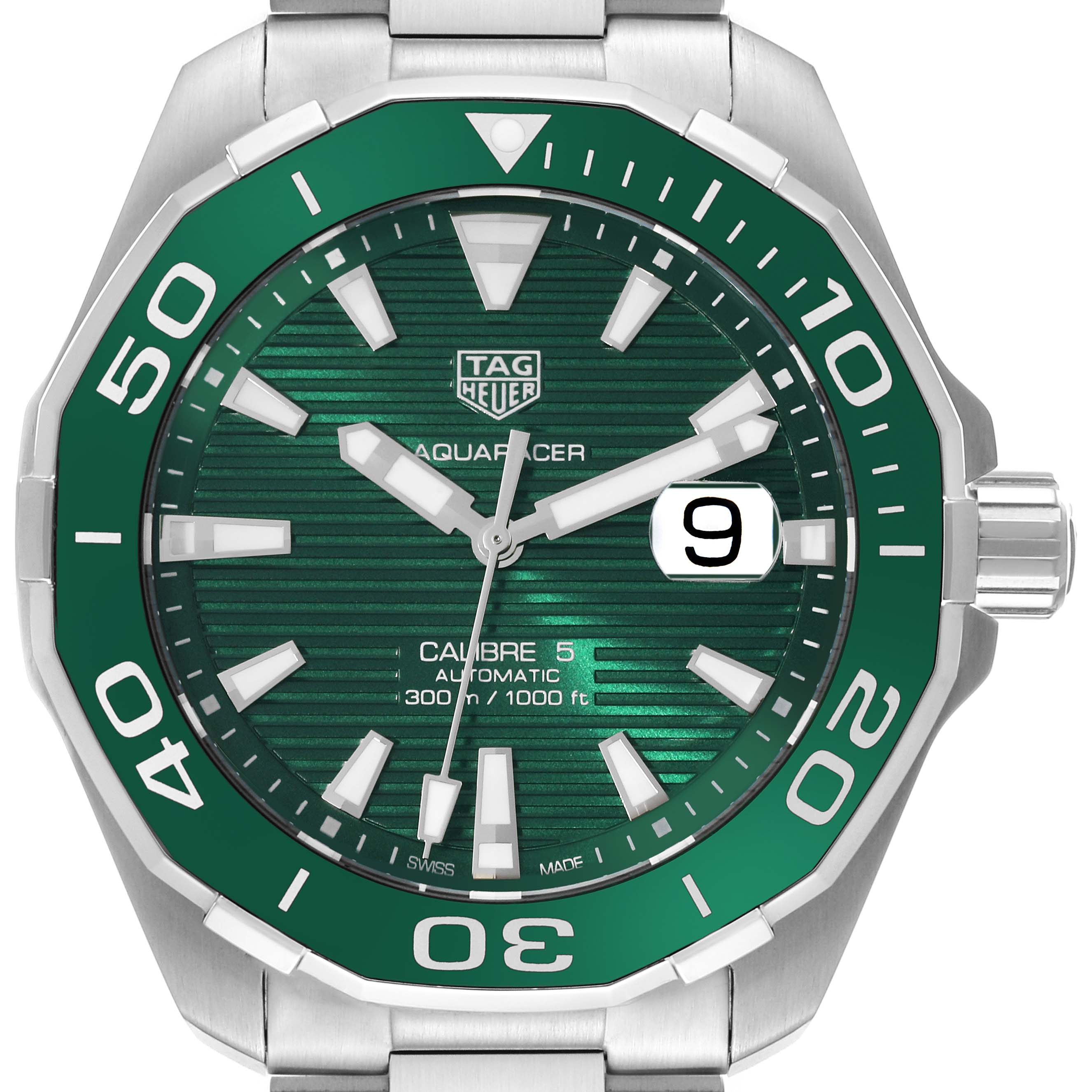 The Tag Heuer Aquaracer WAY2015.BA0927 Men's Stainless Steel Green Dial WAY2015.BA0927 Men's Stainless Steel Green Dial watch is shown from a front angle, showcasing its green dial, bezel, and crown.