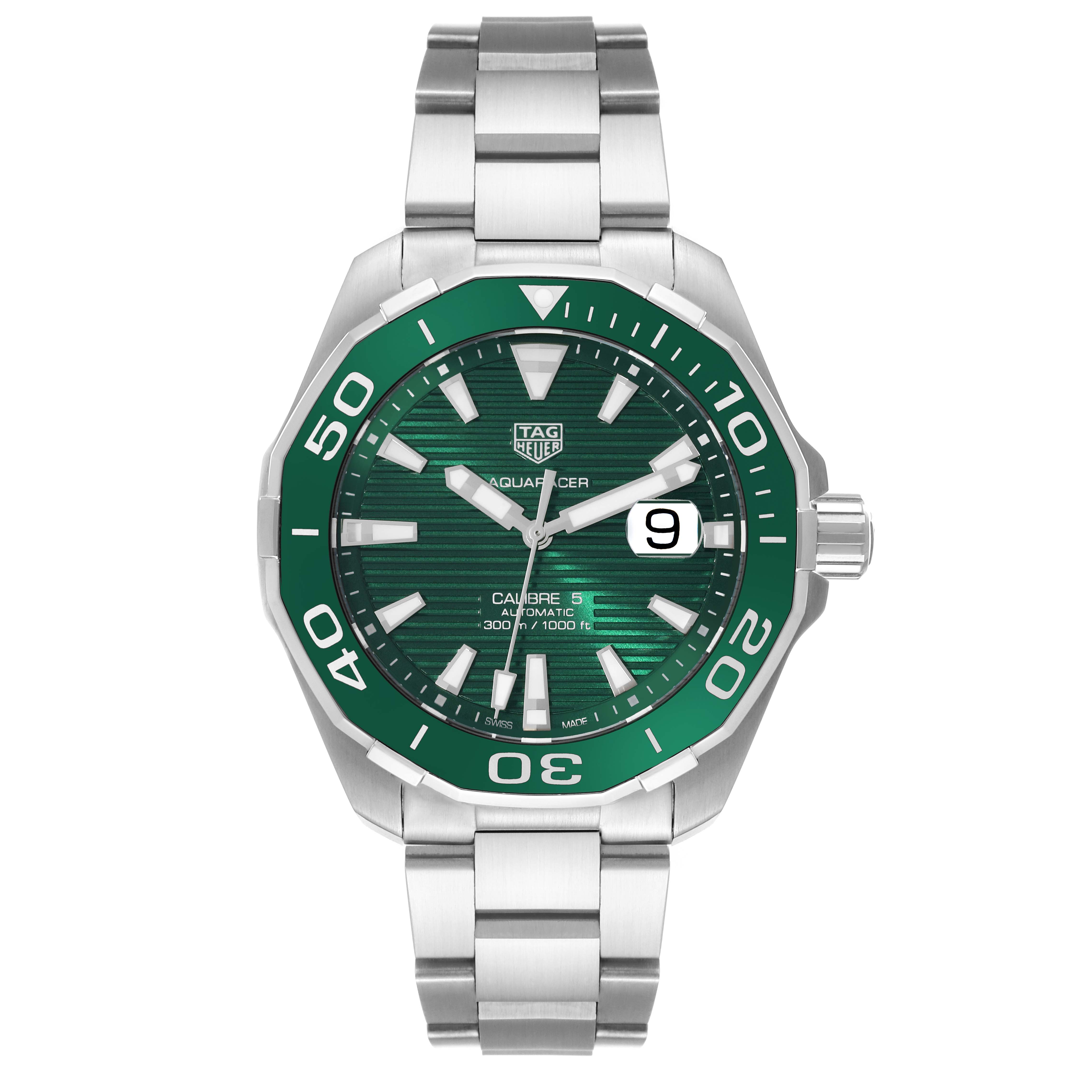 The Tag Heuer Aquaracer WAY2015.BA0927 Men's Stainless Steel Green Dial WAY2015.BA0927 Men's Stainless Steel Green Dial watch is shown from a front angle, featuring a green bezel and dial, with a stainless steel bracelet.