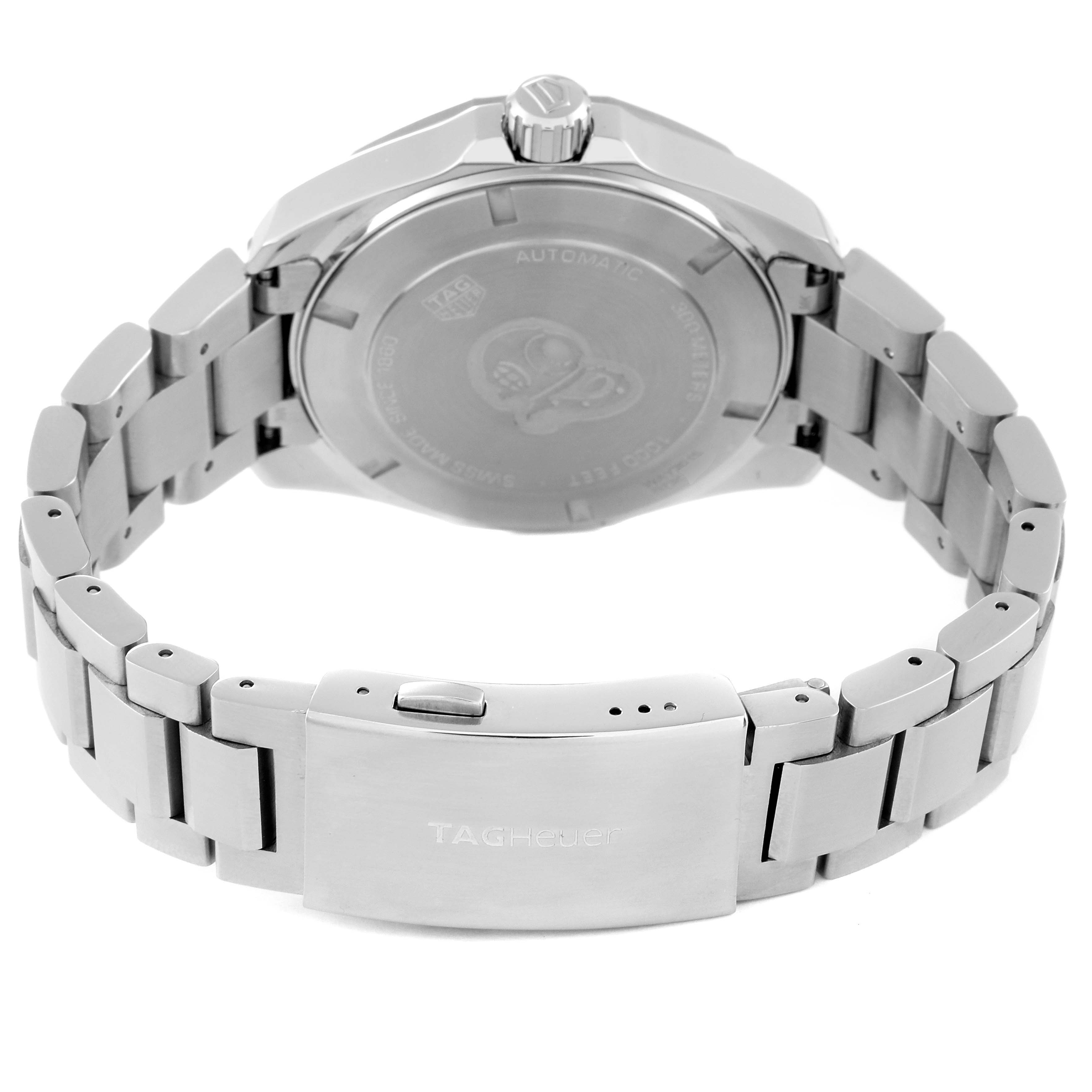 The image shows the back view and clasp of the stainless steel bracelet of a Tag Heuer Aquaracer WAY2015.BA0927 Men's Stainless Steel Green Dial WAY2015.BA0927 Men's Stainless Steel Green Dial watch.