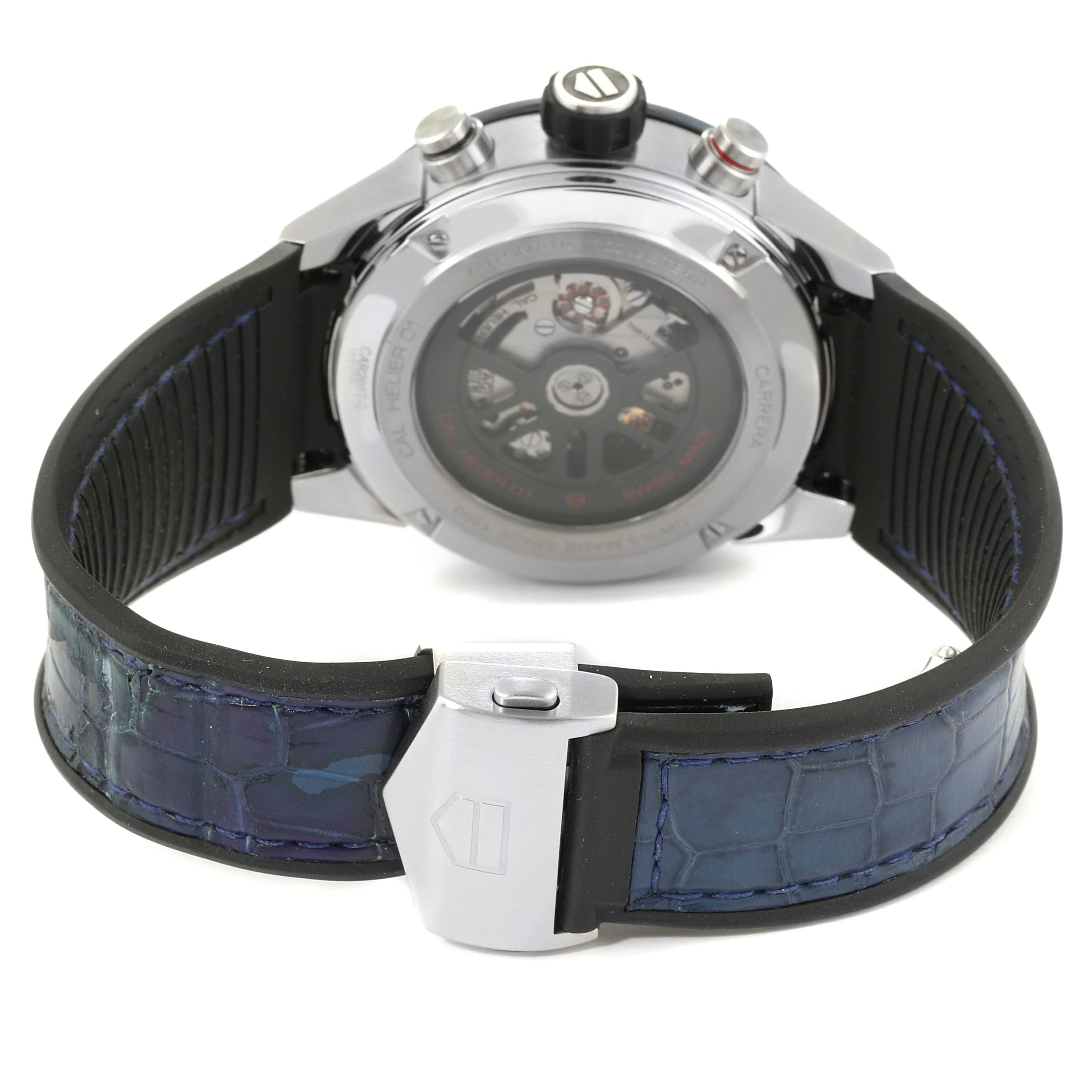 The image shows the back view of a Tag Heuer Carrera CAR201T.FC6406 Men's Stainless Steel Blue Dial CAR201T.FC6406 Men's Stainless Steel Blue Dial watch, highlighting its strap and clasp.