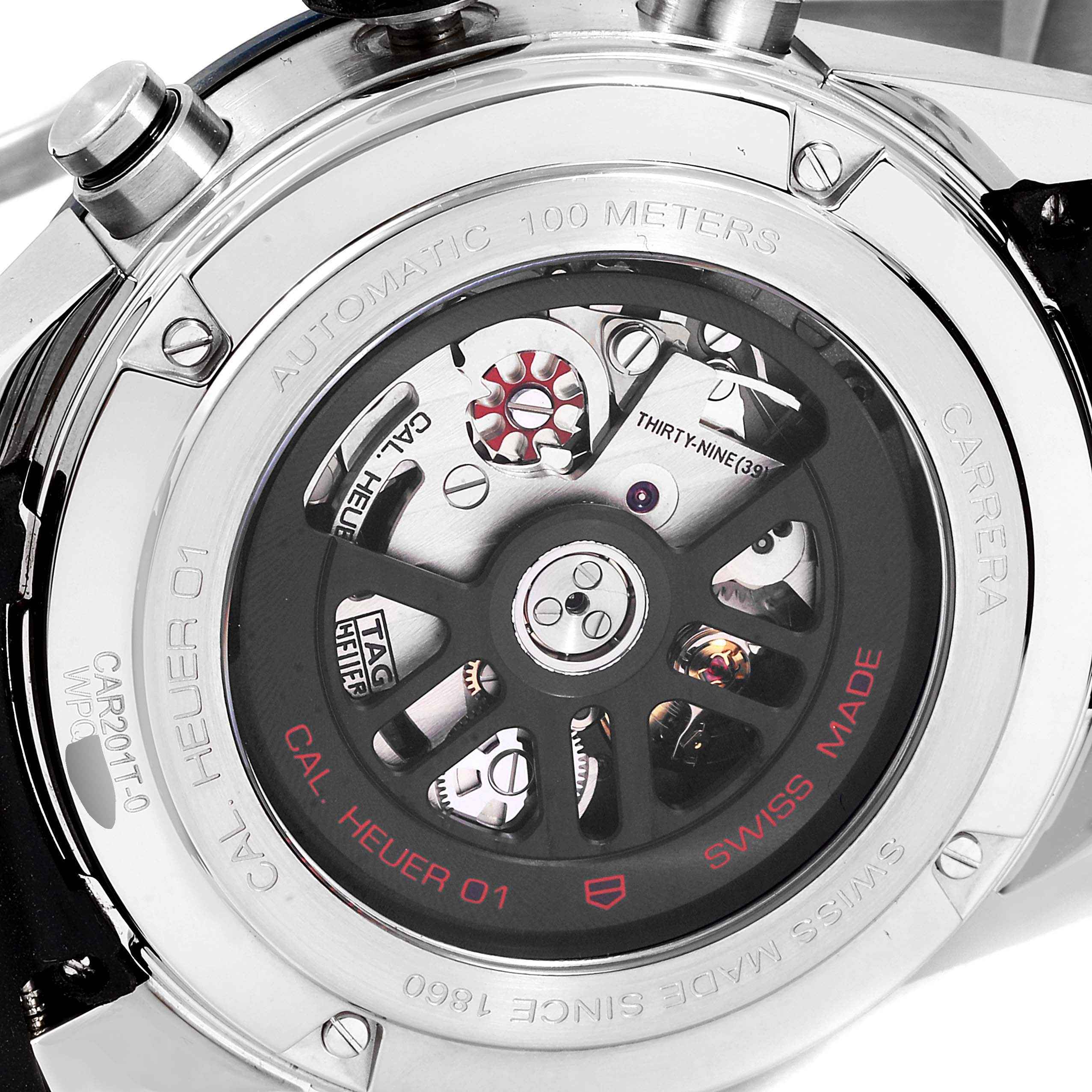 The image shows the back view of a Tag Heuer Carrera CAR201T.FC6406 Men's Stainless Steel Blue Dial CAR201T.FC6406 Men's Stainless Steel Blue Dial watch, revealing its automatic movement and internal mechanisms.