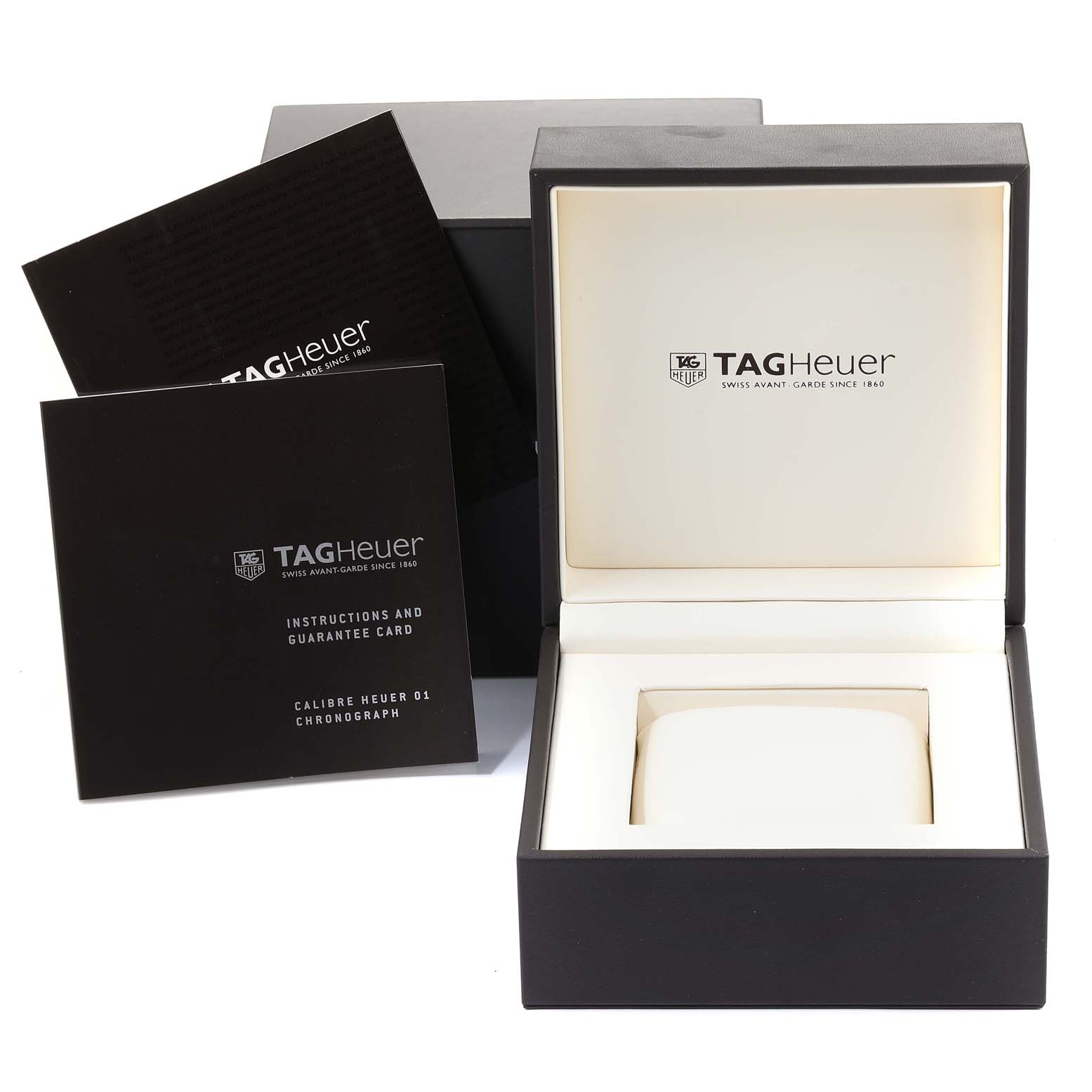 The image shows the packaging, instructions, and guarantee card for a Tag Heuer Carrera CAR201T.FC6406 Men's Stainless Steel Blue Dial CAR201T.FC6406 Men's Stainless Steel Blue Dial model watch.