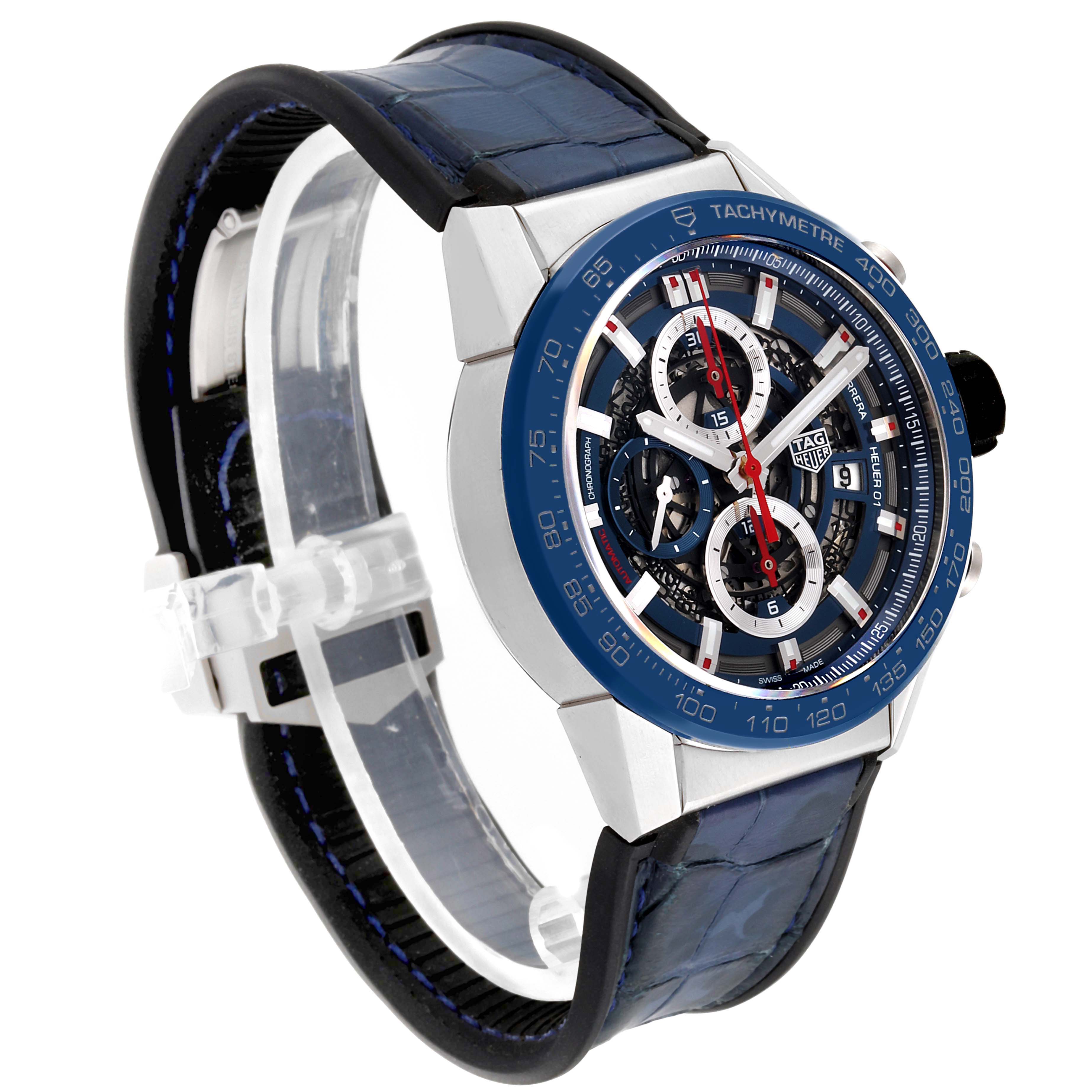 The image shows a close-up, front-side view of a Tag Heuer Carrera CAR201T.FC6406 Men's Stainless Steel Blue Dial CAR201T.FC6406 Men's Stainless Steel Blue Dial model watch, highlighting the dial, strap, and tachymeter bezel.