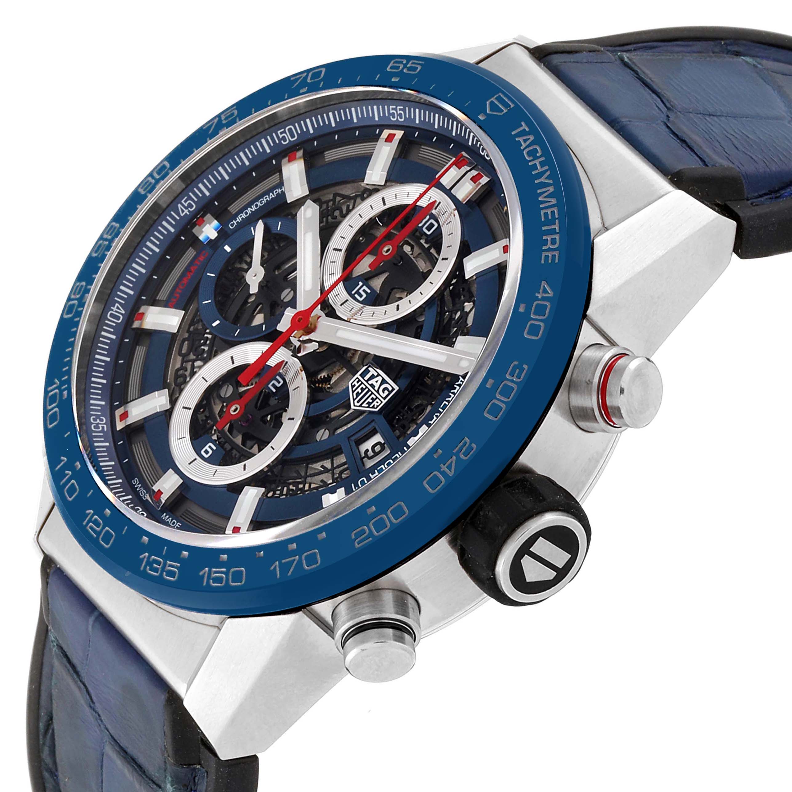 The image shows a side angle view of the Tag Heuer Carrera CAR201T.FC6406 Men's Stainless Steel Blue Dial CAR201T.FC6406 Men's Stainless Steel Blue Dial watch, highlighting its dial, bezel, and crown.