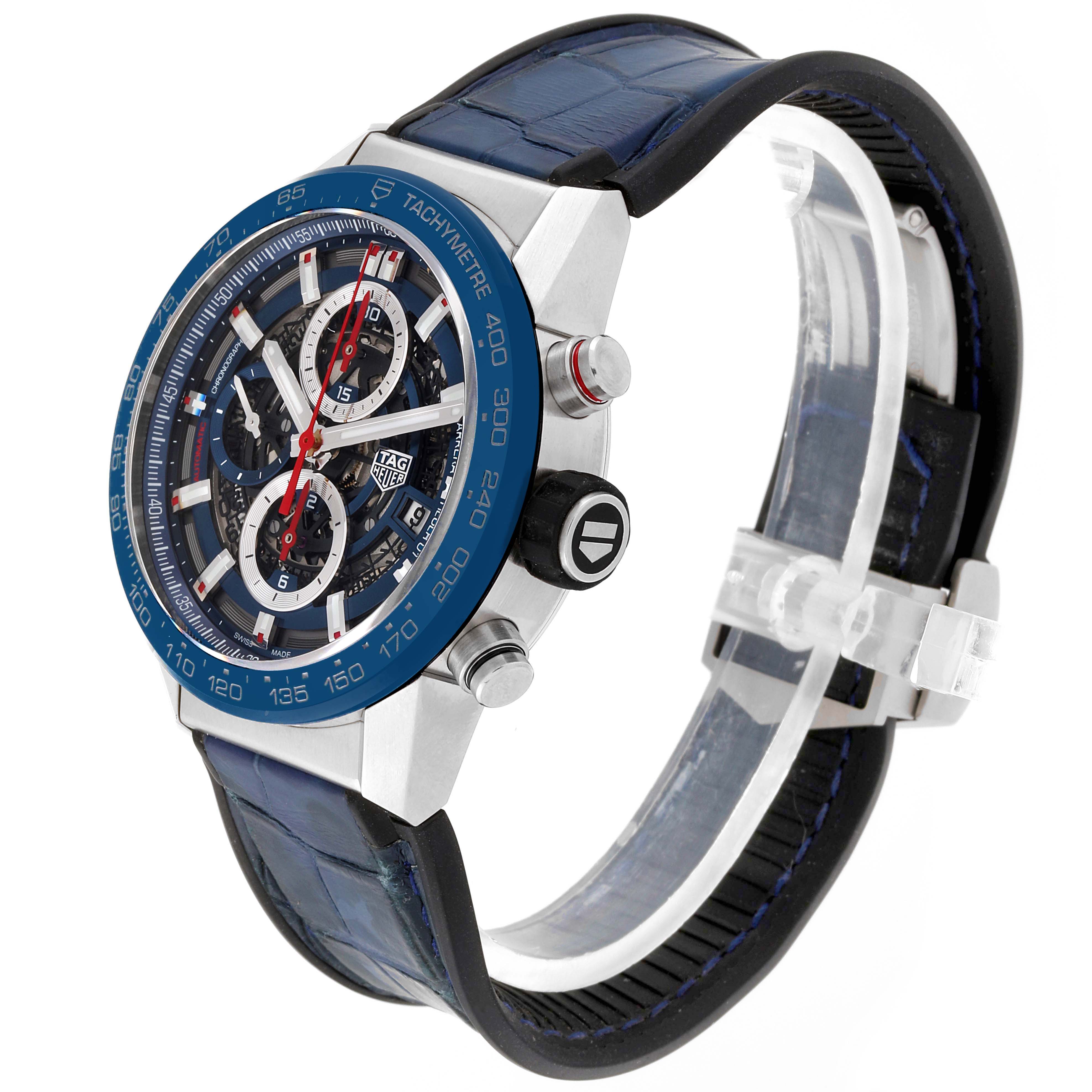 The Tag Heuer Carrera CAR201T.FC6406 Men's Stainless Steel Blue Dial CAR201T.FC6406 Men's Stainless Steel Blue Dial watch is shown at a three-quarter angle, highlighting the face, tachymeter bezel, and side pushers.