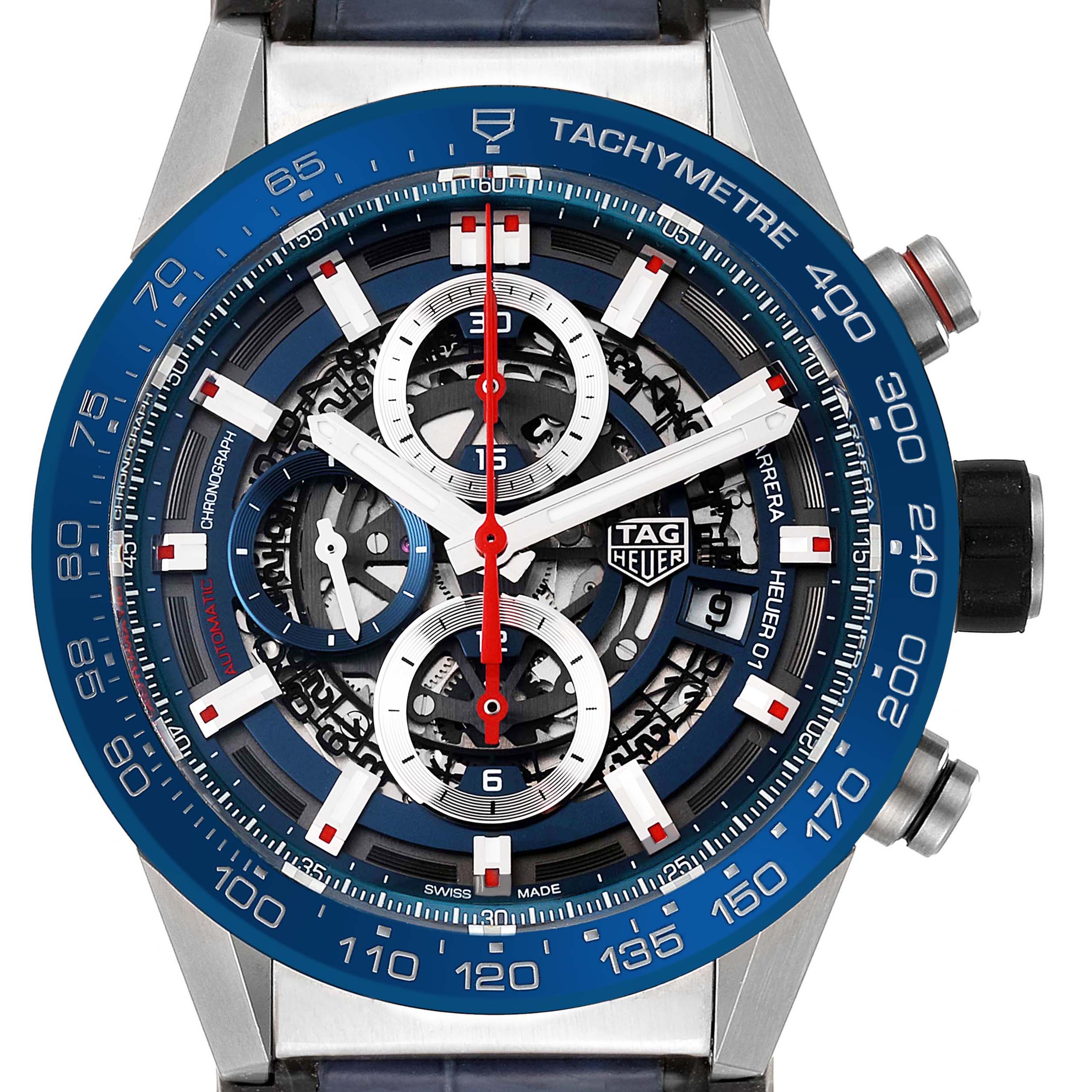 The image shows a close-up view of the Tag Heuer Carrera CAR201T.FC6406 Men's Stainless Steel Blue Dial CAR201T.FC6406 Men's Stainless Steel Blue Dial watch face, highlighting the chronograph dials, tachymeter scale, and brand logo.
