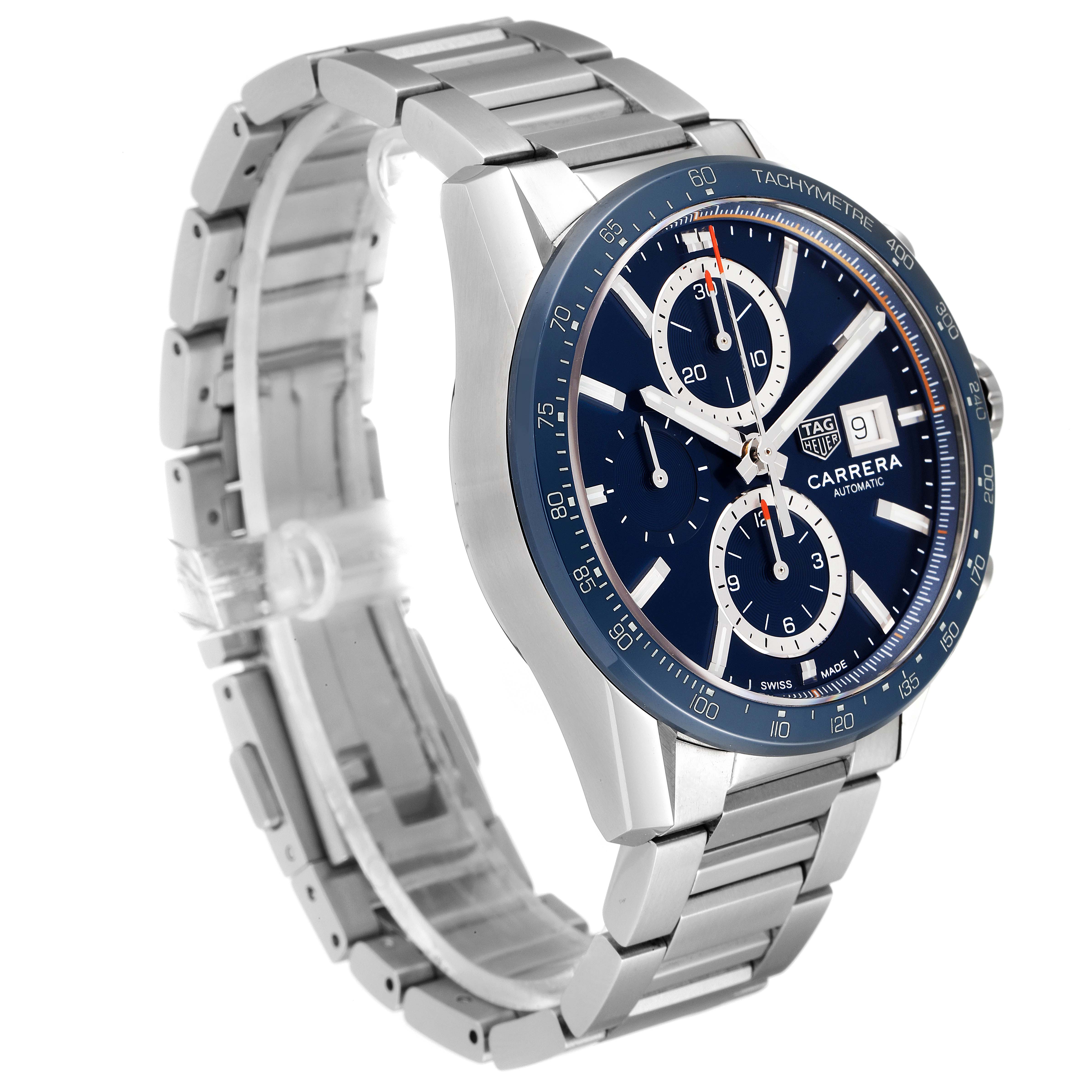 This image shows a side angle of the Tag Heuer Carrera CBM2112.BA0651 Men's Stainless Steel Blue Dial CBM2112.BA0651 Men's Stainless Steel Blue Dial watch, highlighting its stainless steel band and blue dial.