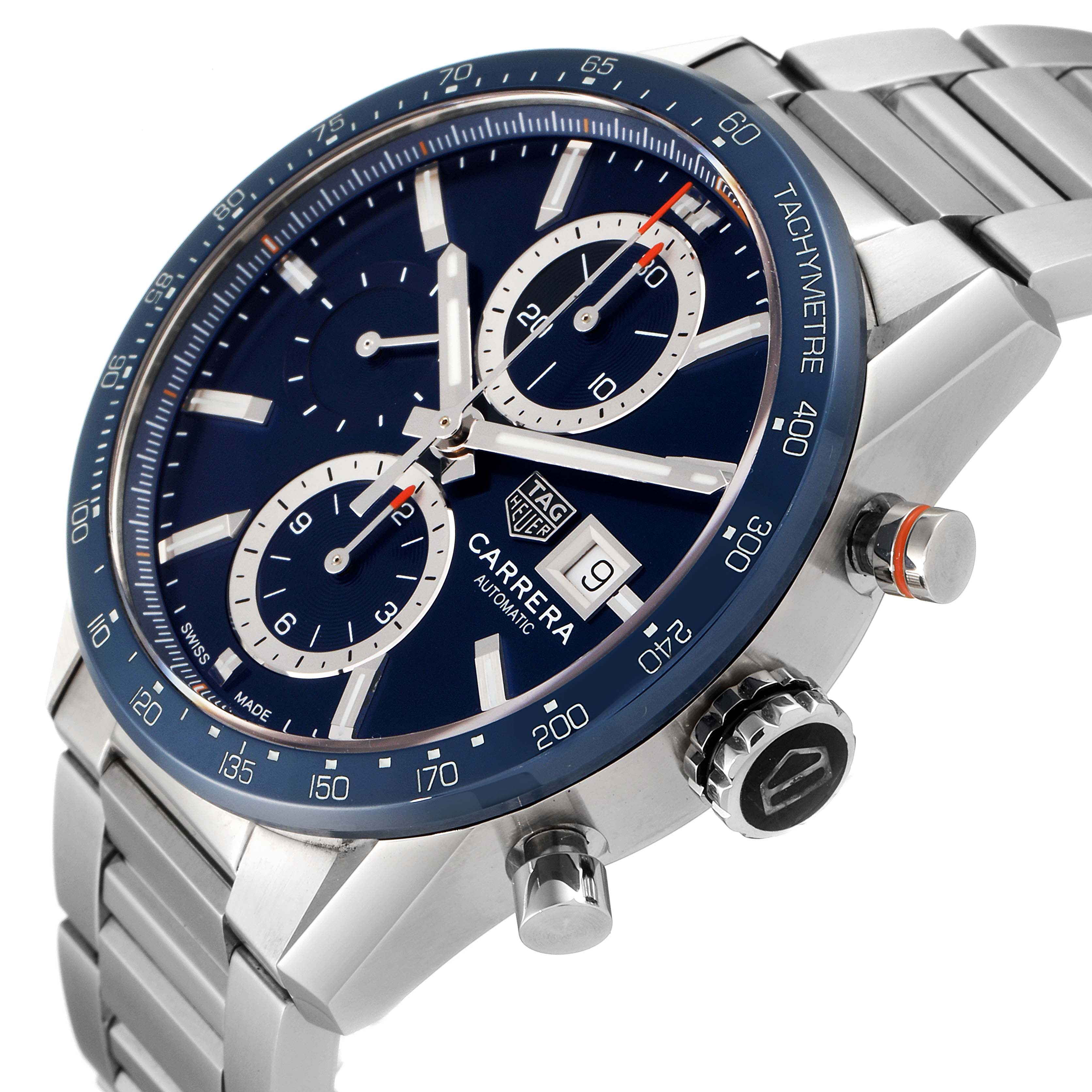 The image shows a side-close view of the Tag Heuer Carrera CBM2112.BA0651 Men's Stainless Steel Blue Dial CBM2112.BA0651 Men's Stainless Steel Blue Dial watch displaying its face, crown, and stainless steel bracelet.