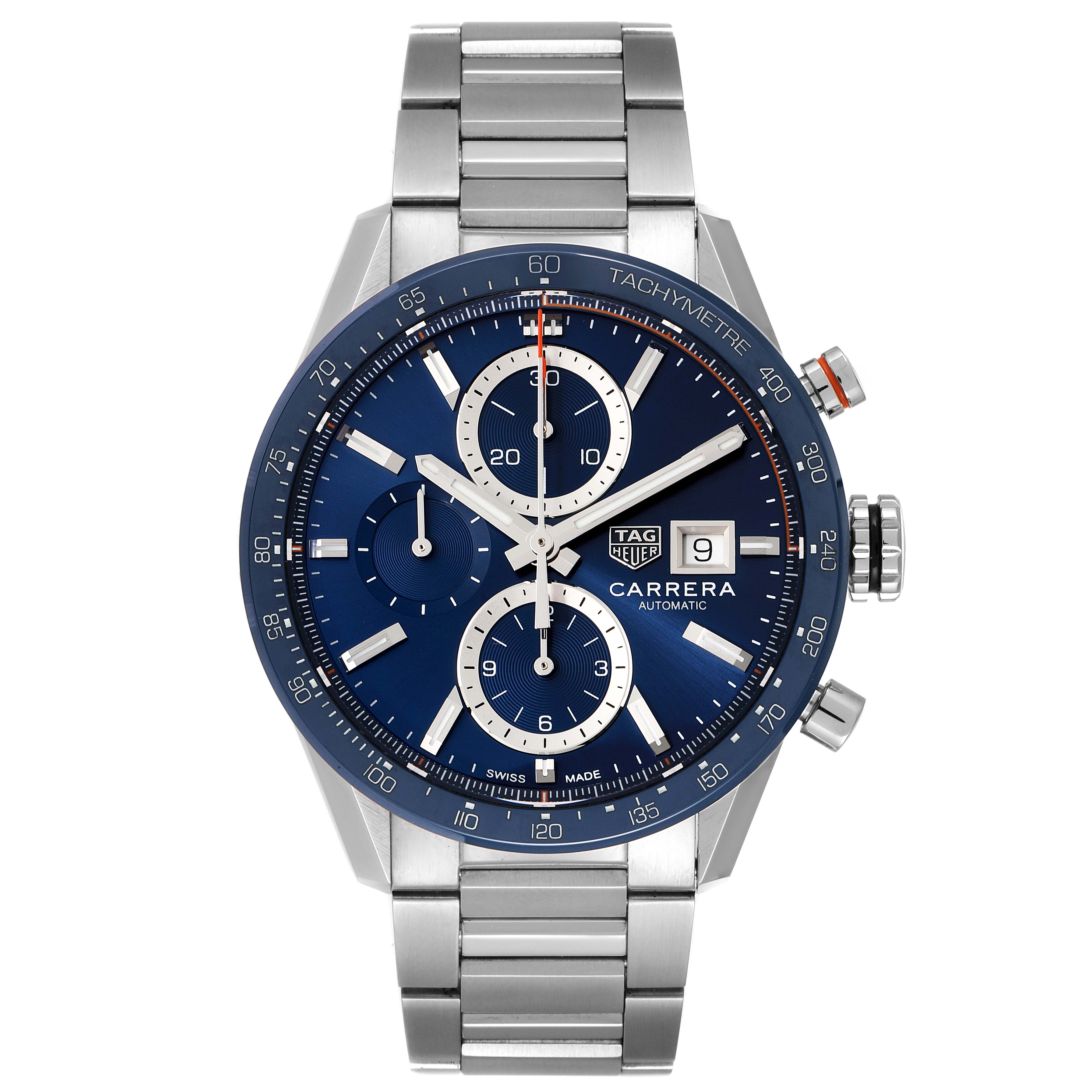 The image shows a frontal view of a Tag Heuer Carrera CBM2112.BA0651 Men's Stainless Steel Blue Dial CBM2112.BA0651 Men's Stainless Steel Blue Dial watch, highlighting its blue dial, chronograph sub-dials, and stainless steel bracelet.