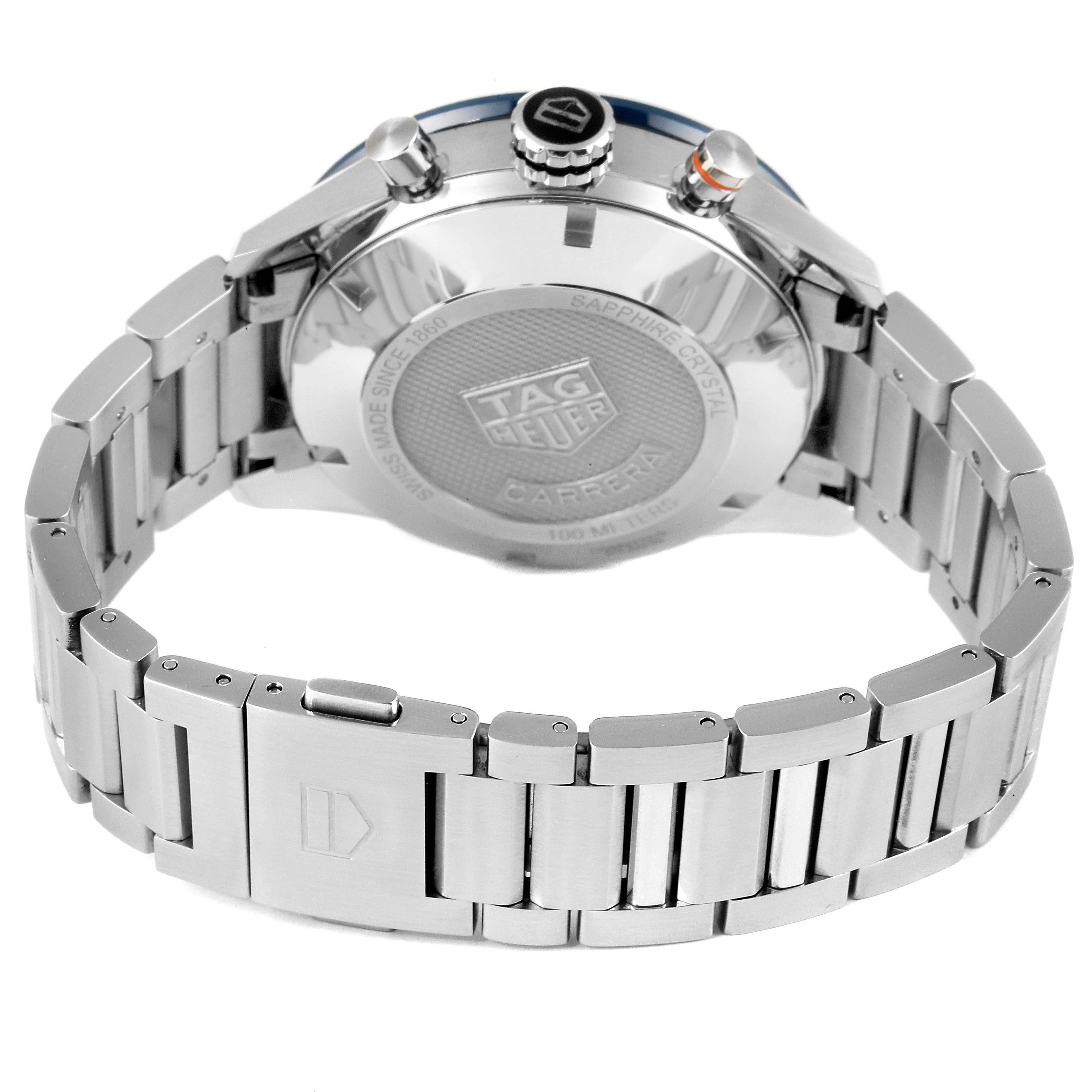 The image shows the back case and bracelet of a Tag Heuer Carrera CBM2112.BA0651 Men's Stainless Steel Blue Dial CBM2112.BA0651 Men's Stainless Steel Blue Dial watch from a rear angle.